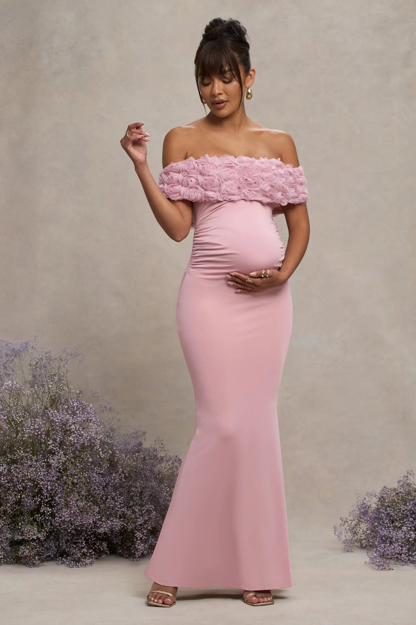 Inflorescence | Blush Pink Mesh Floral Bardot Maternity Maxi Dress