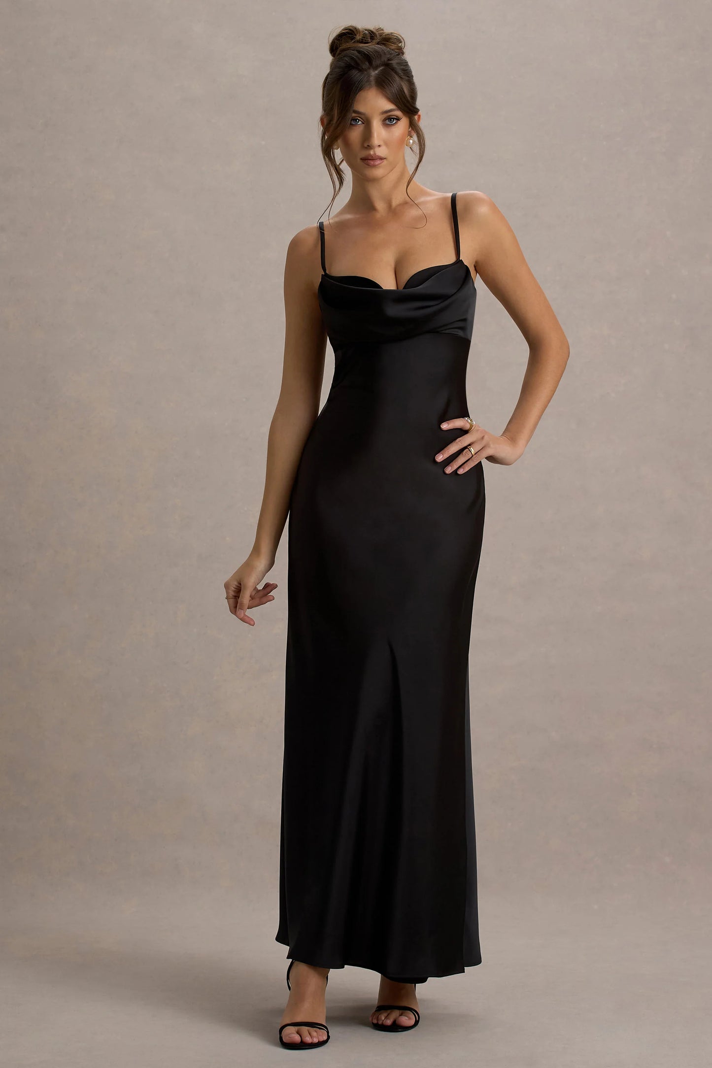 Eimear | Black Satin Draped Sweetheart Maxi Dress