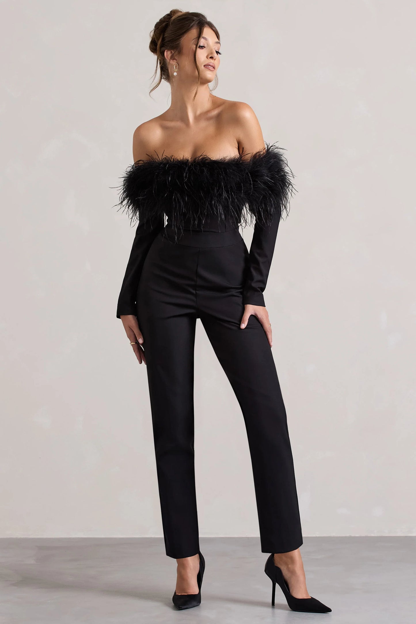 Ales | Black Bardot Tailored Straight-Leg Jumpsuit With Feather Trim