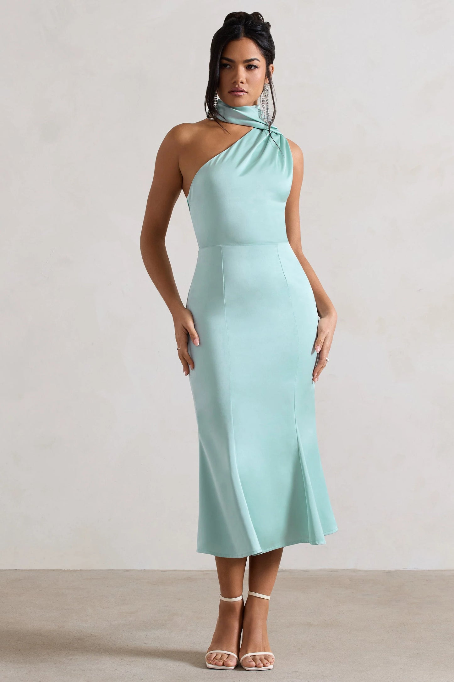 Golden Girl | Mint Satin One Shoulder High-Neck Flared Midi Dress