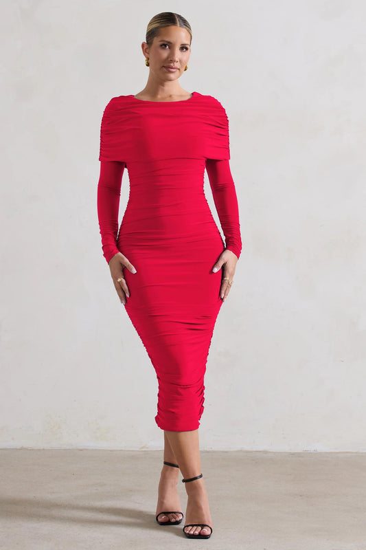 Lea | Red Long Sleeve Ruched Midi Dress with Draped Bardot Overlay