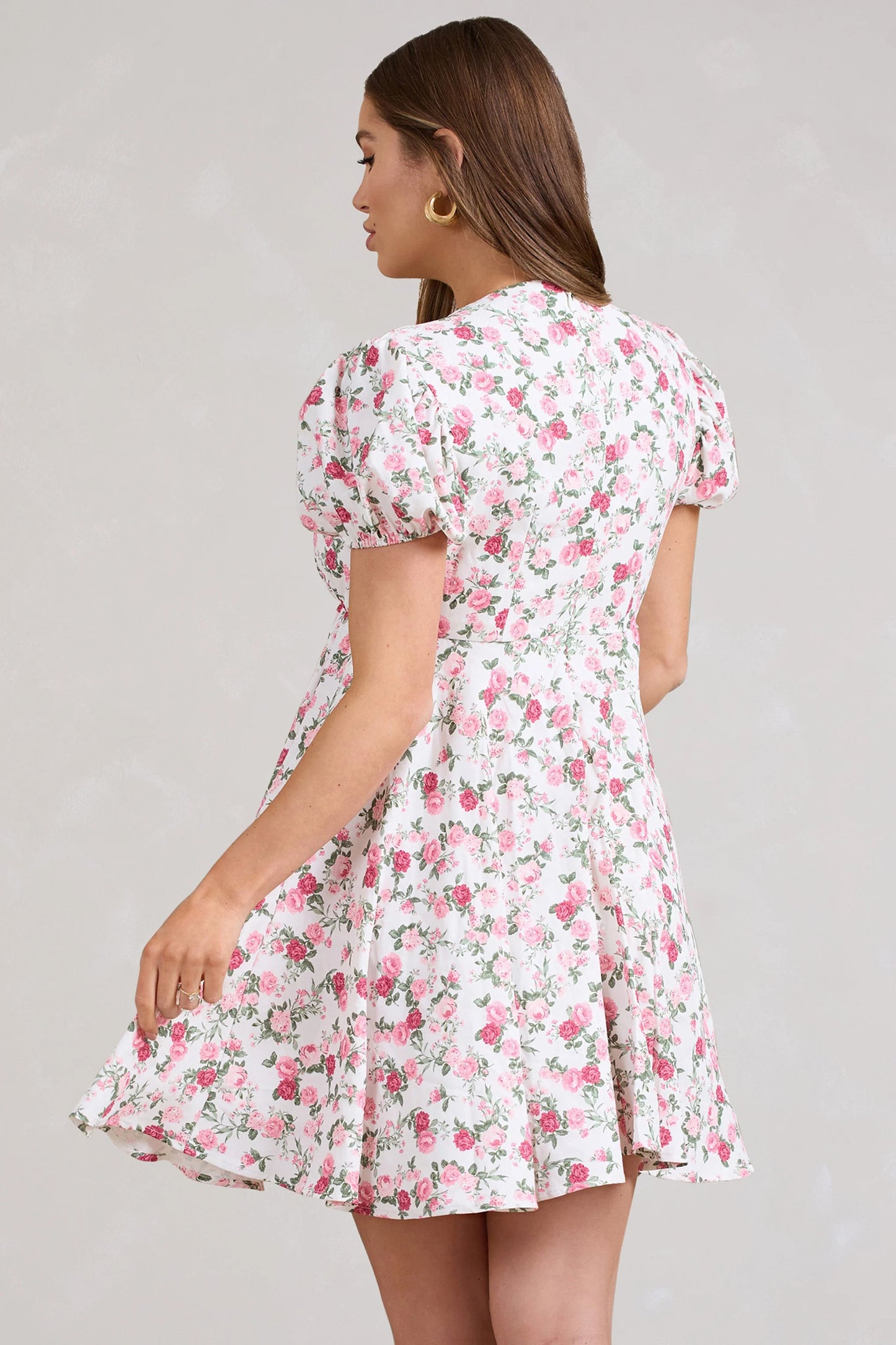 By The Cypress | Pink Floral Maternity V-Neck Puff-Sleeved Buttoned Mini Dress