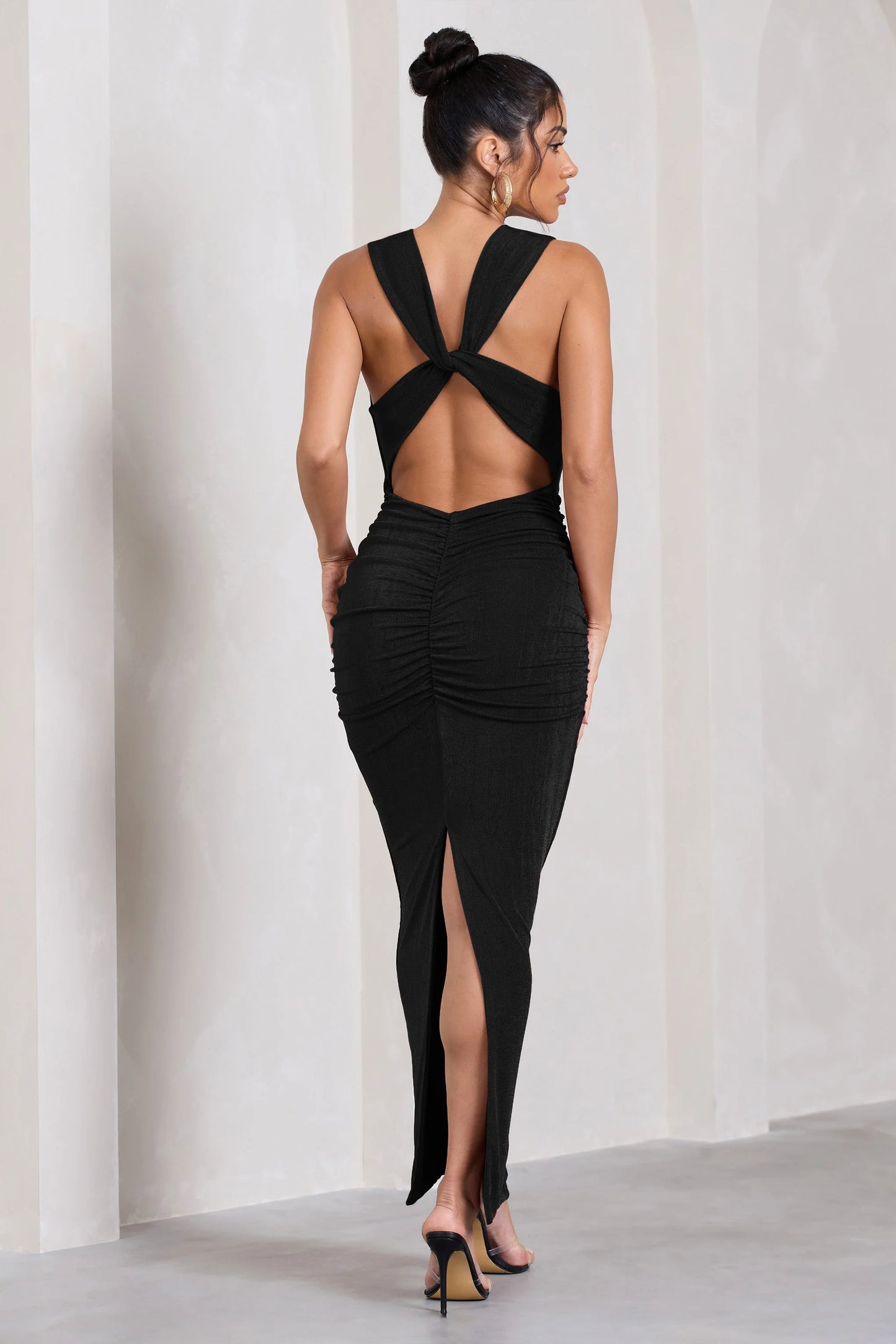 Finely Formed | Black Ruched Cowl-Neck Bodycon Maxi Dress