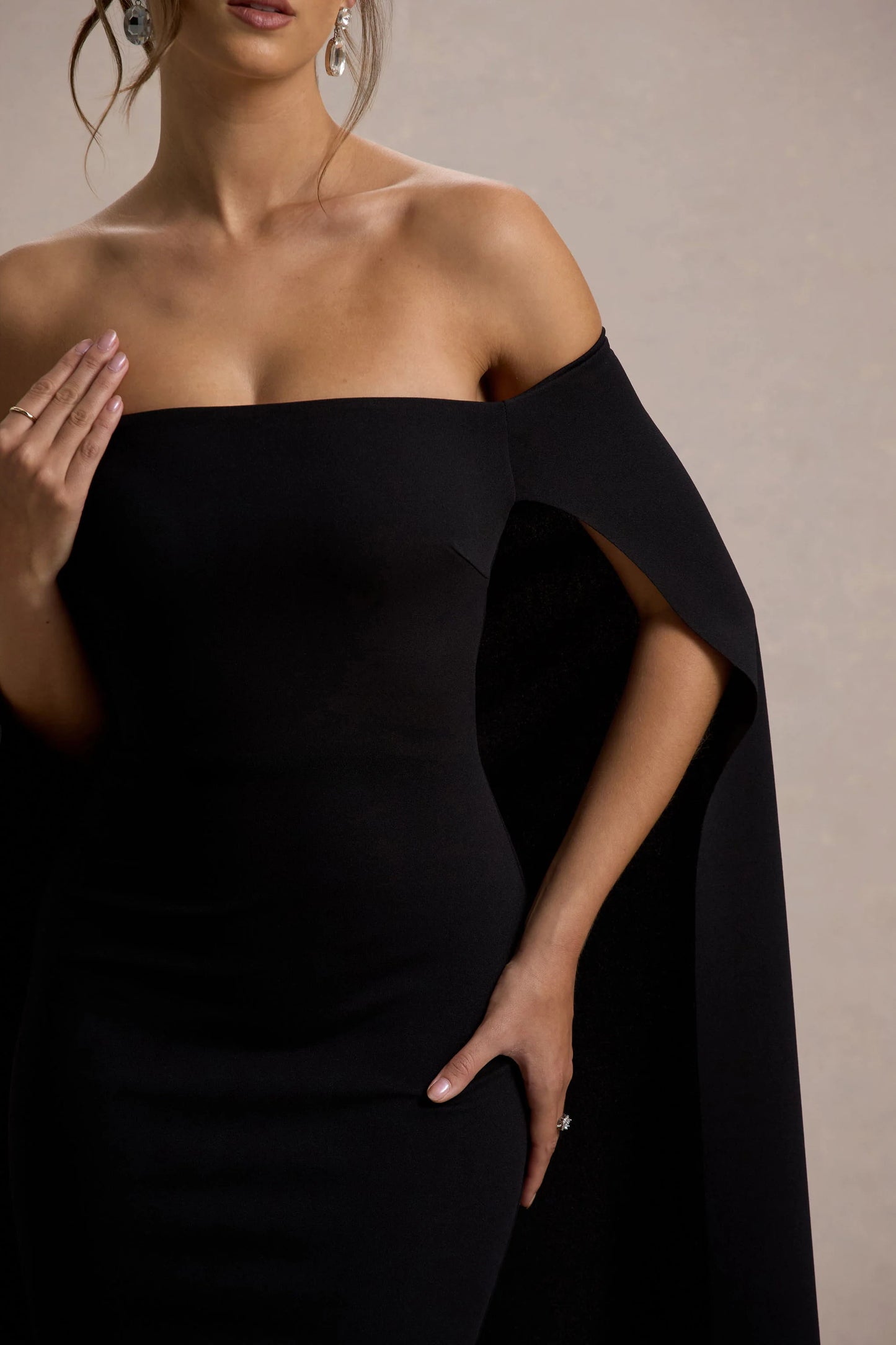 Genovia | Black Bardot Cape Maxi Dress