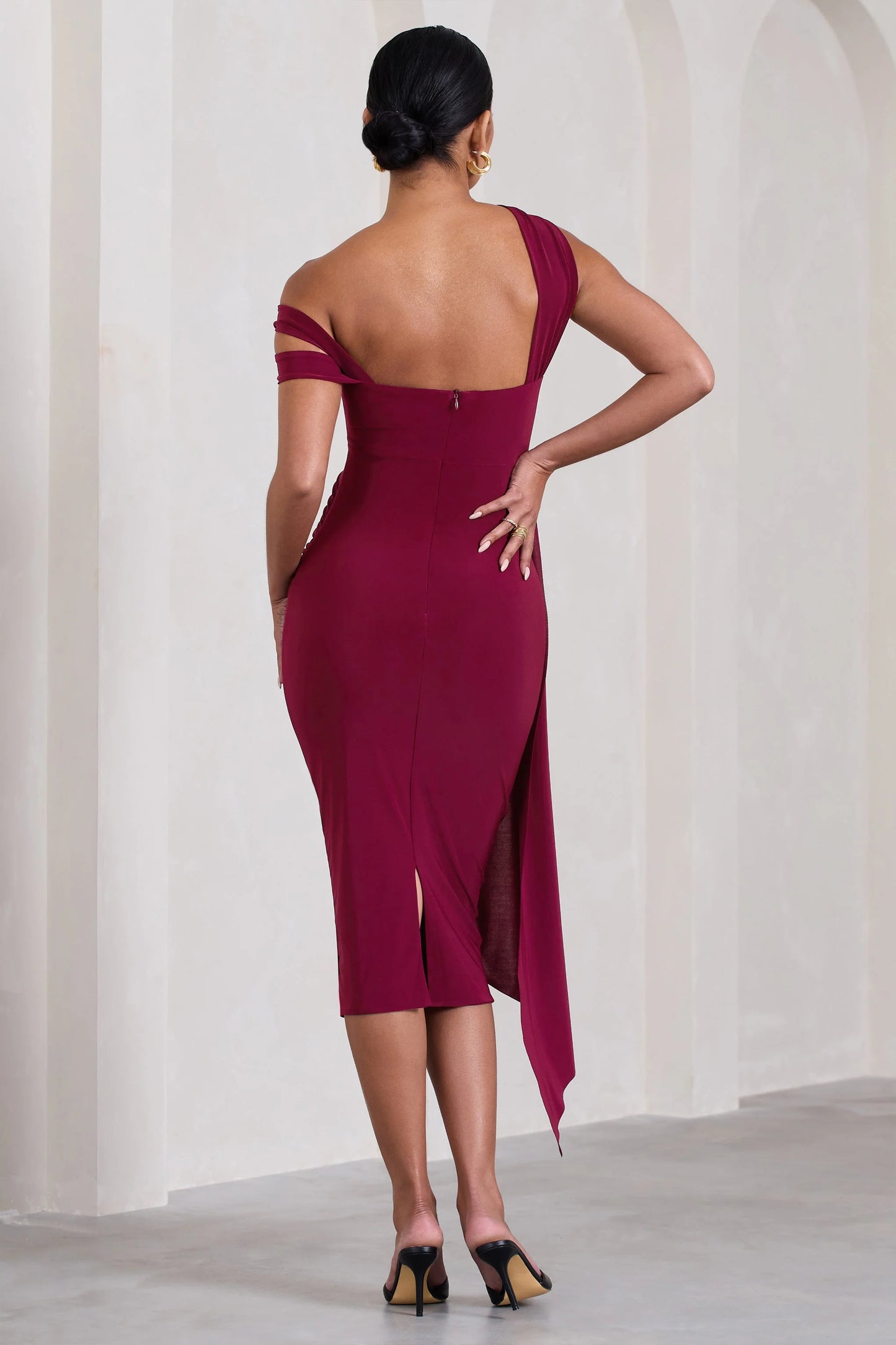 Just Wait | Berry Asymmetric Strappy Maternity Midi Dress With Drape