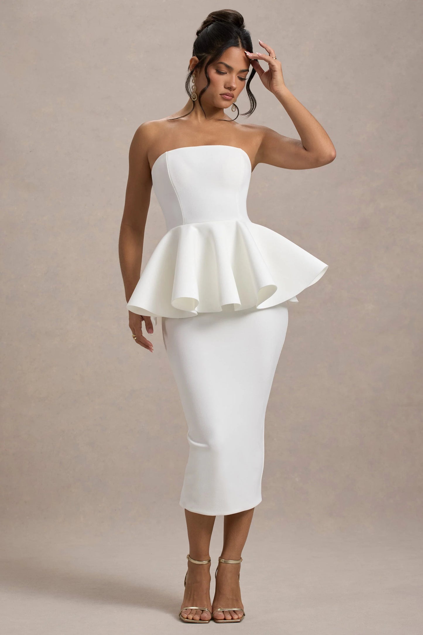 First Dance | White Bandeau Peplum Midi Dress