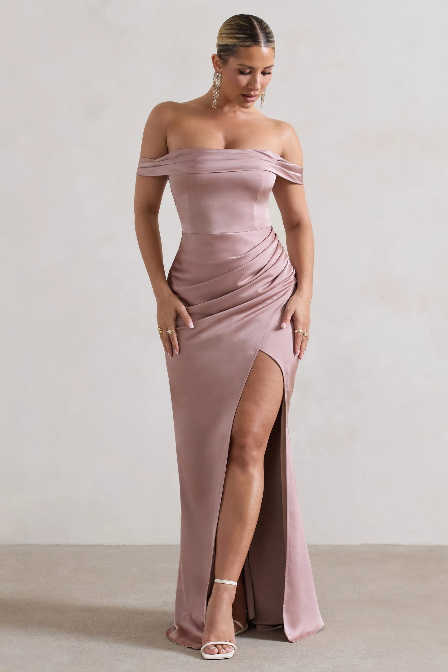 Katia | Blush Pink Satin Bardot  Maxi Dress