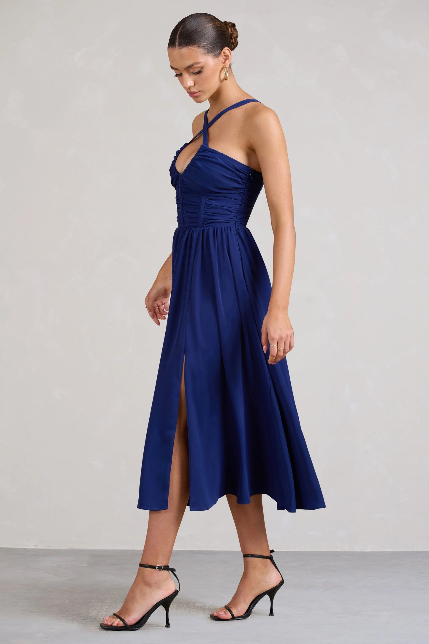 Lady Loren | Navy Ruched Cross-Strap Split Midi Dress