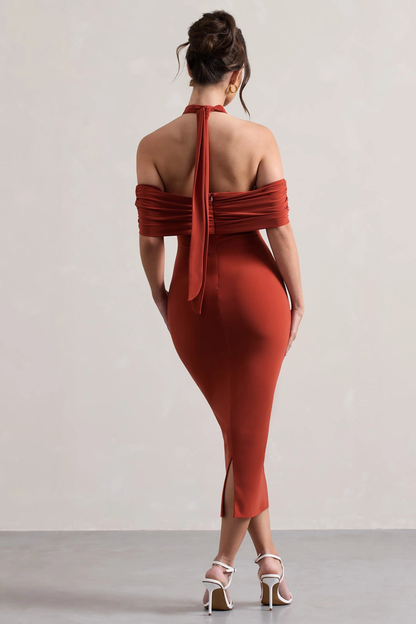 Connect | Terracotta Bodycon Halter-Neck Midi Dress With Cut-Out