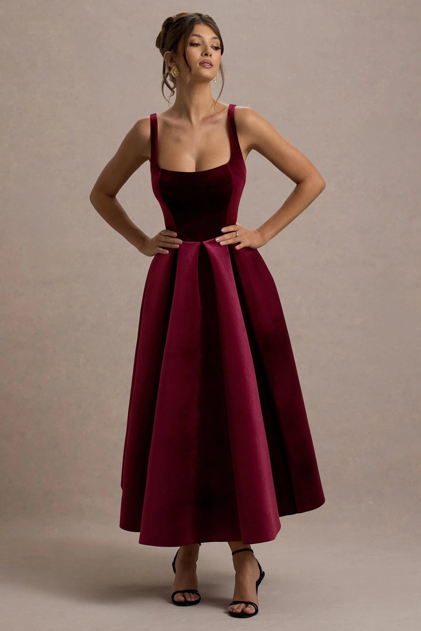 Francisca | Berry Velvet Strappy Volume-Hem Midi Dress