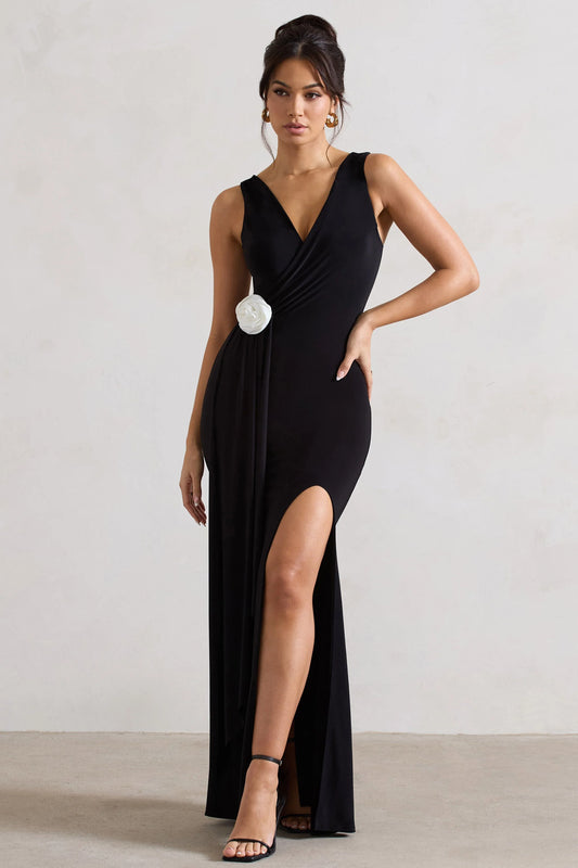 Endora | Black Split Maxi Dress With Corsage & Drape