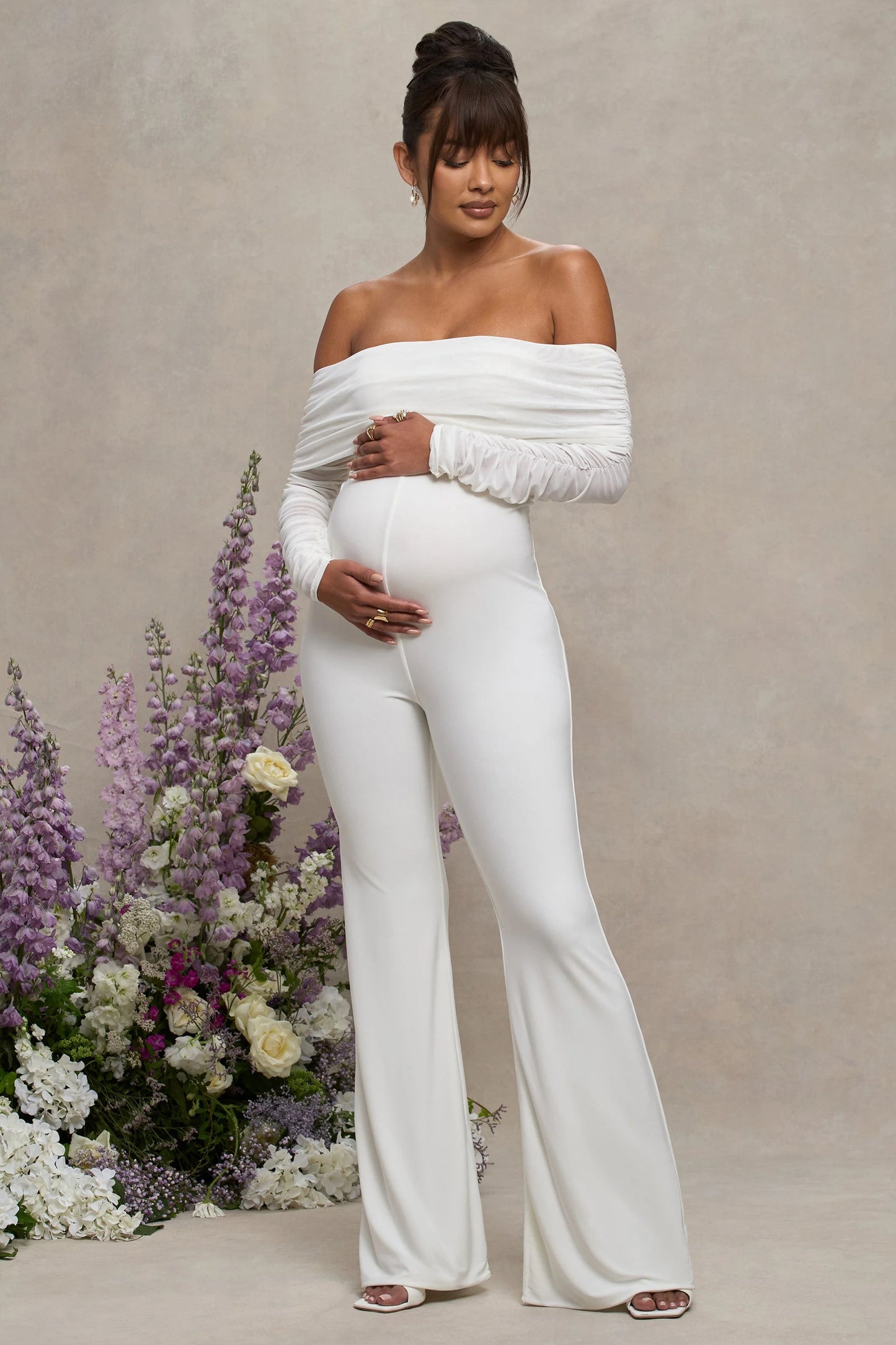 Count Down | White Maternity Ruched Mesh Bardot Jumpsuit