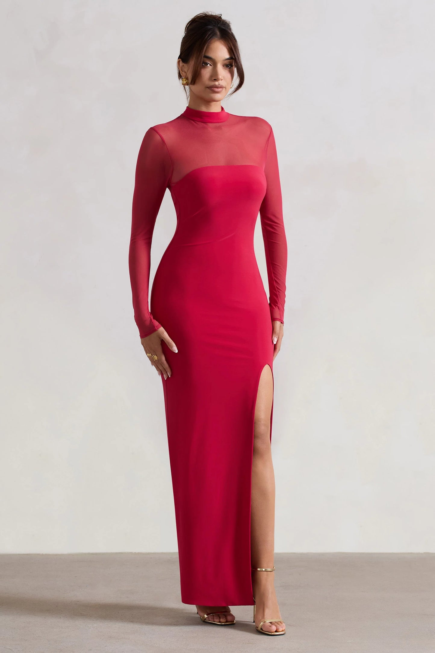 Enchantress | Red High-Neck Split Maxi Dress With Mesh Sleeves