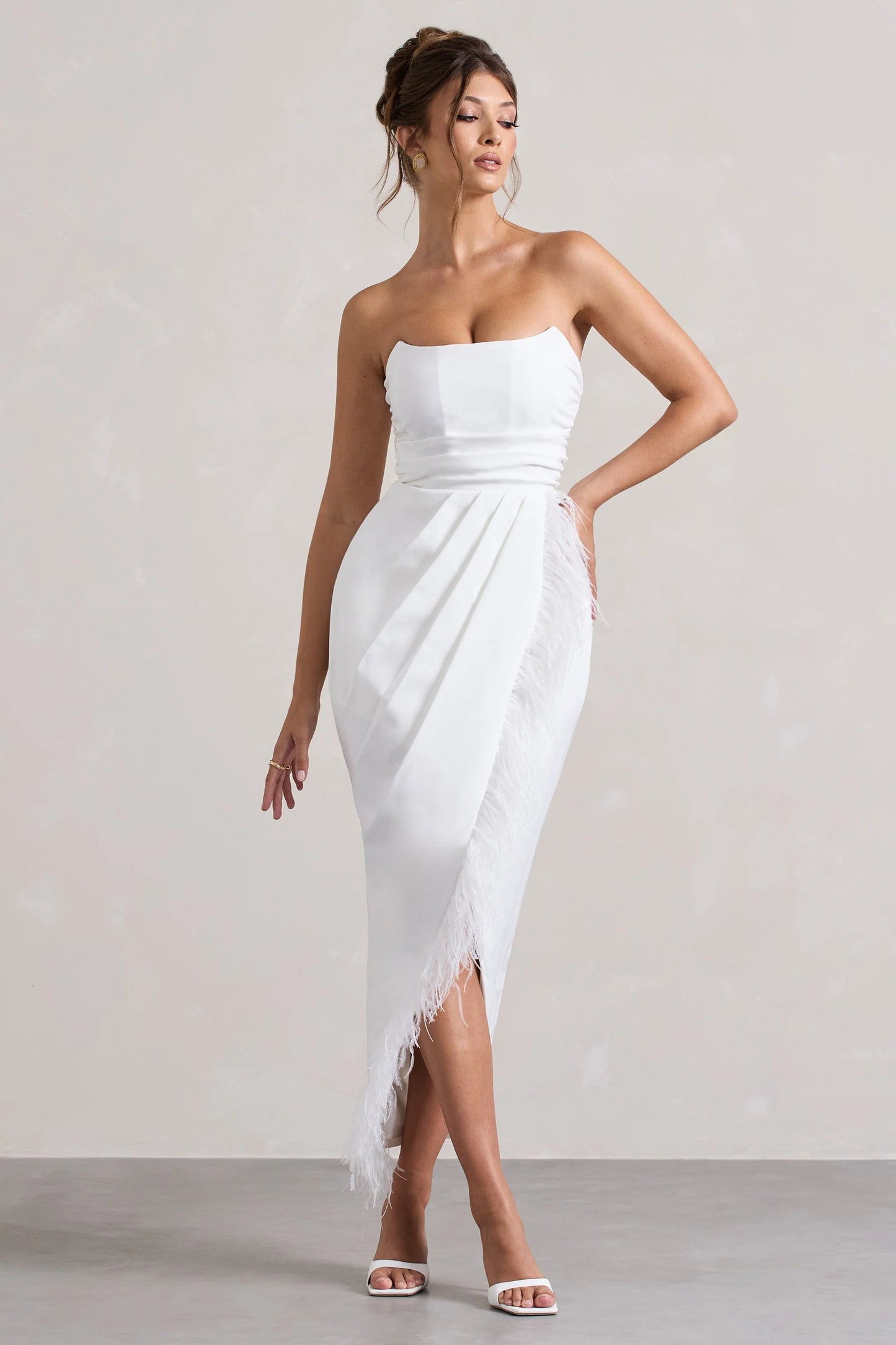 Chosen | White Bandeau Wrap Maxi Dress With Feather Trim