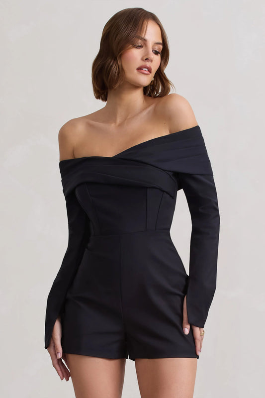 Front Row | Black Long-Sleeved Bardot Corset Playsuit