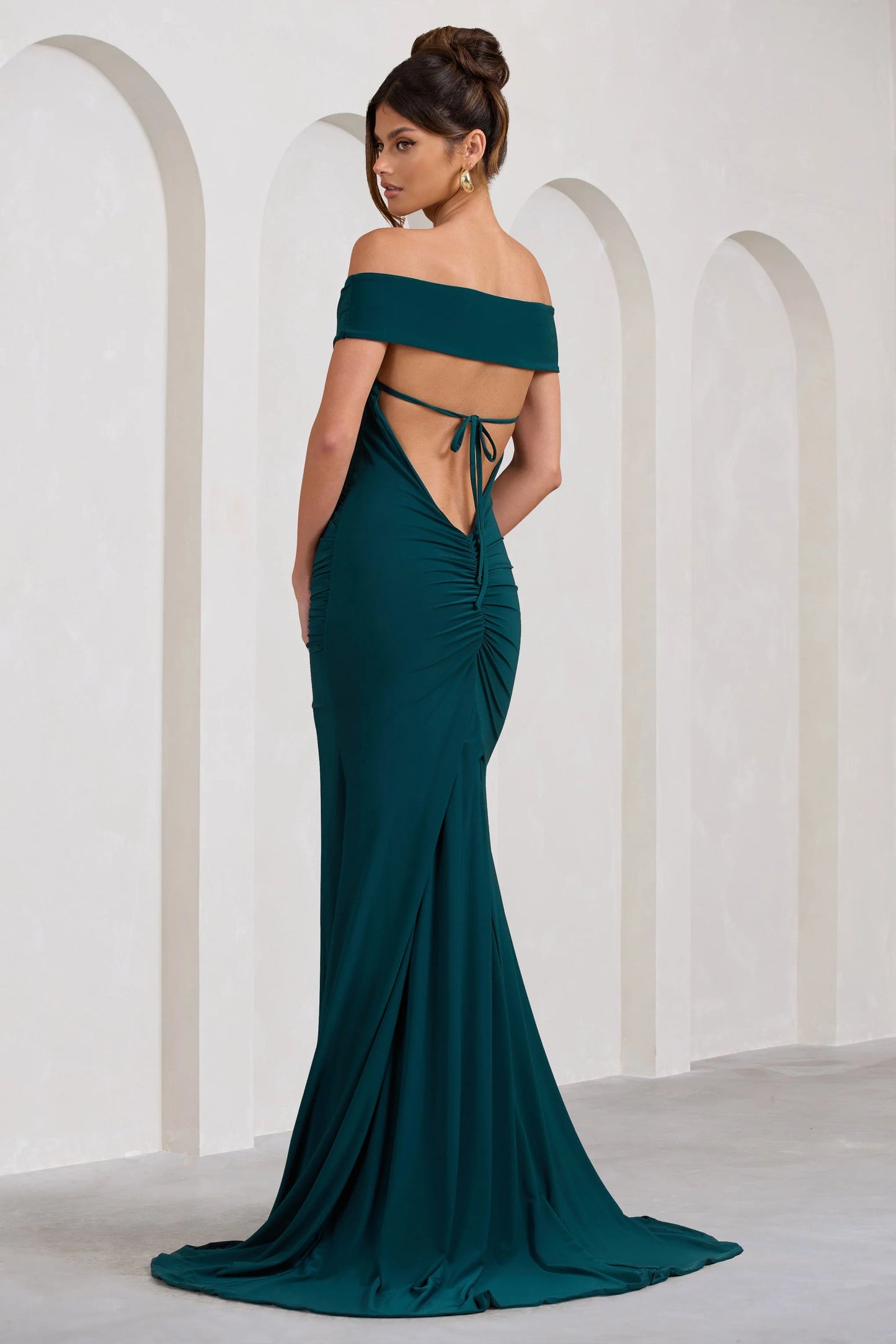 Harmony | Bottle Green Ruched Bardot Split Fishtail Maxi Dress