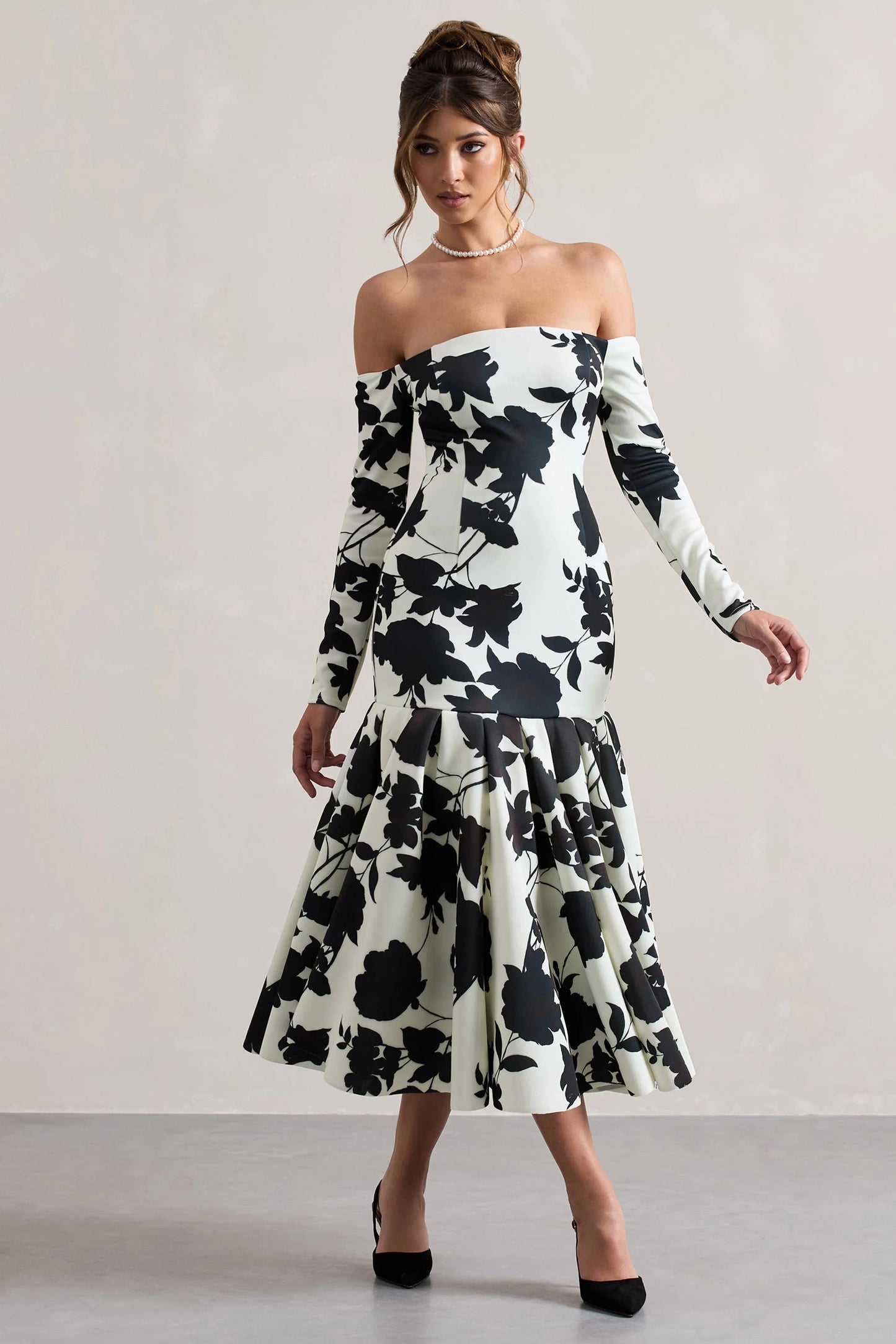 Elite | Cream Floral Print Bardot Maxi Dress With Volume Hem