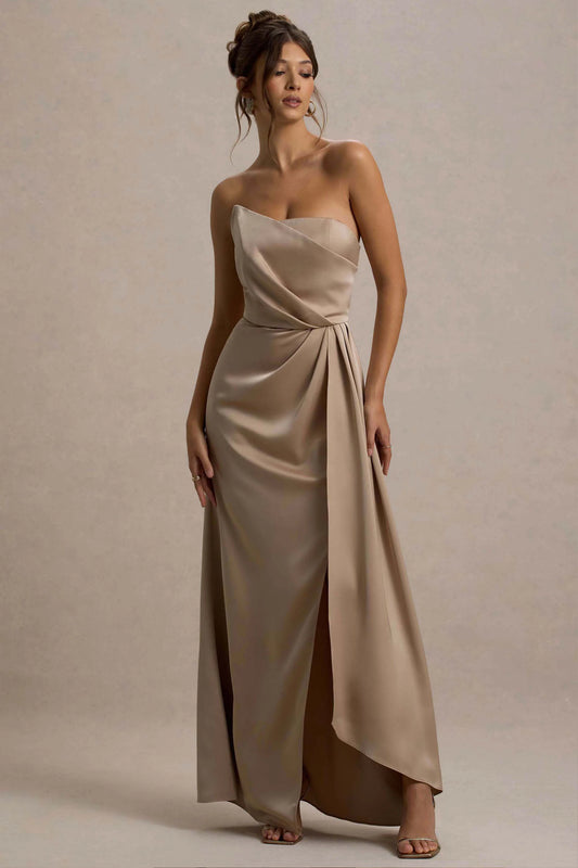 Cairo | Champagne Satin Strapless Draped Maxi Dress