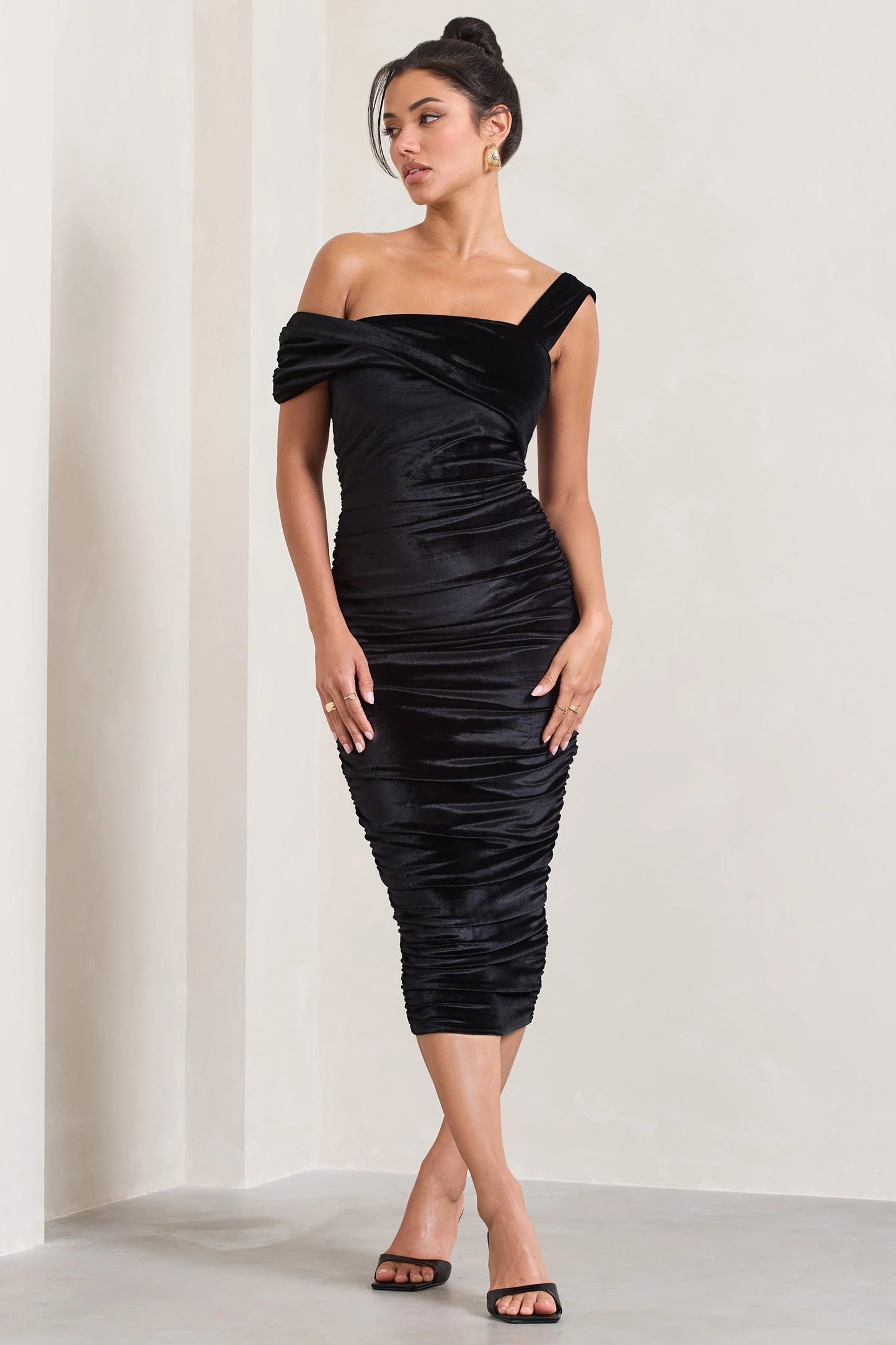 Daniela | Black Velvet One Shoulder Ruched Midi Dress