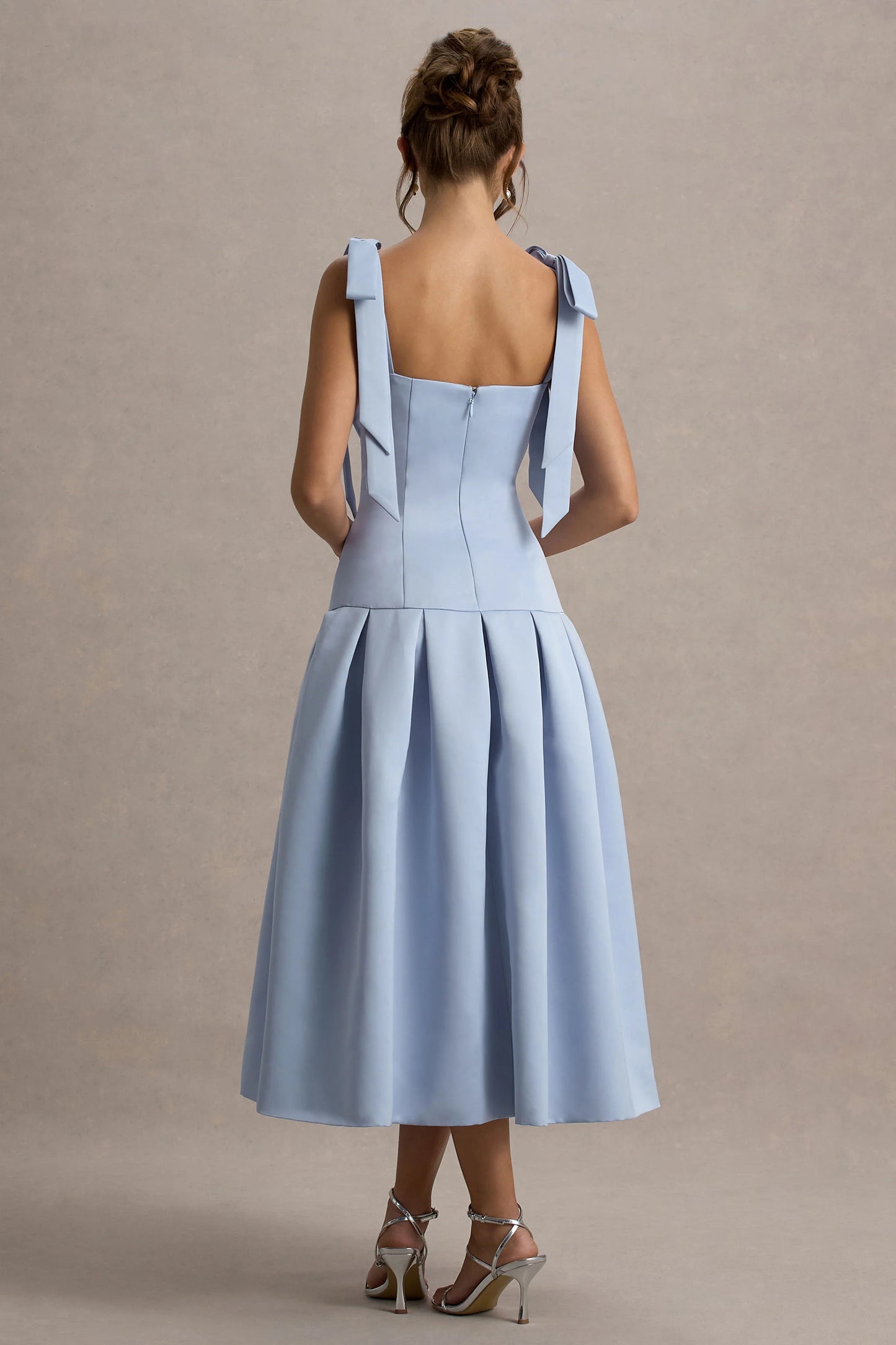 Alberta | Powder Blue Satin Midi Dress With Bow Straps