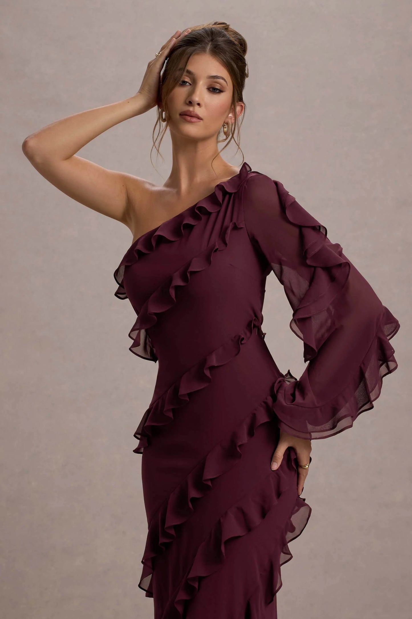 Lalika | Burgundy Asymmetric One-Sleeve Ruffle Maxi Dress