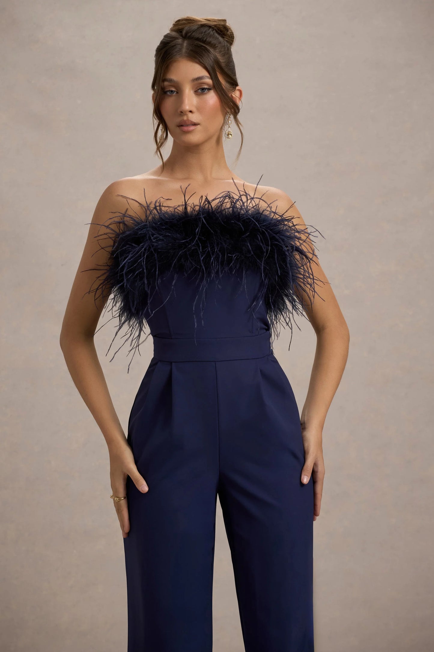 First Class | Navy Bandeau Feather Wide Leg Jumpsuit