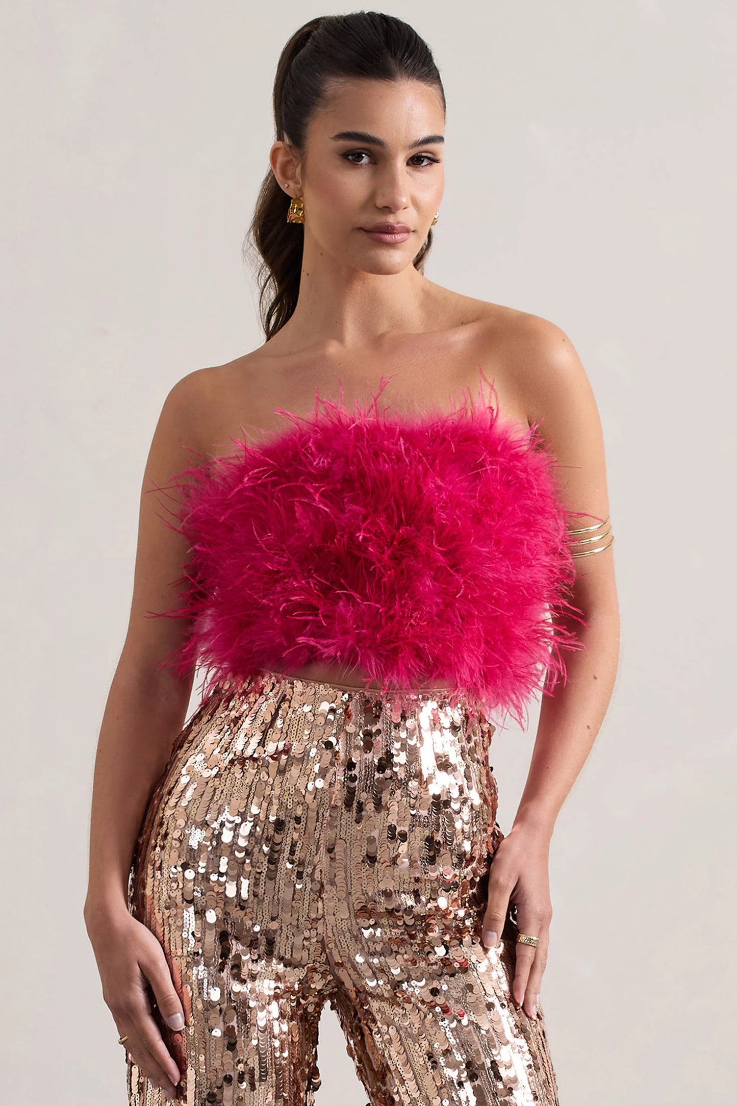 Dream Daze | Dark Pink Strapless Feather Crop Top