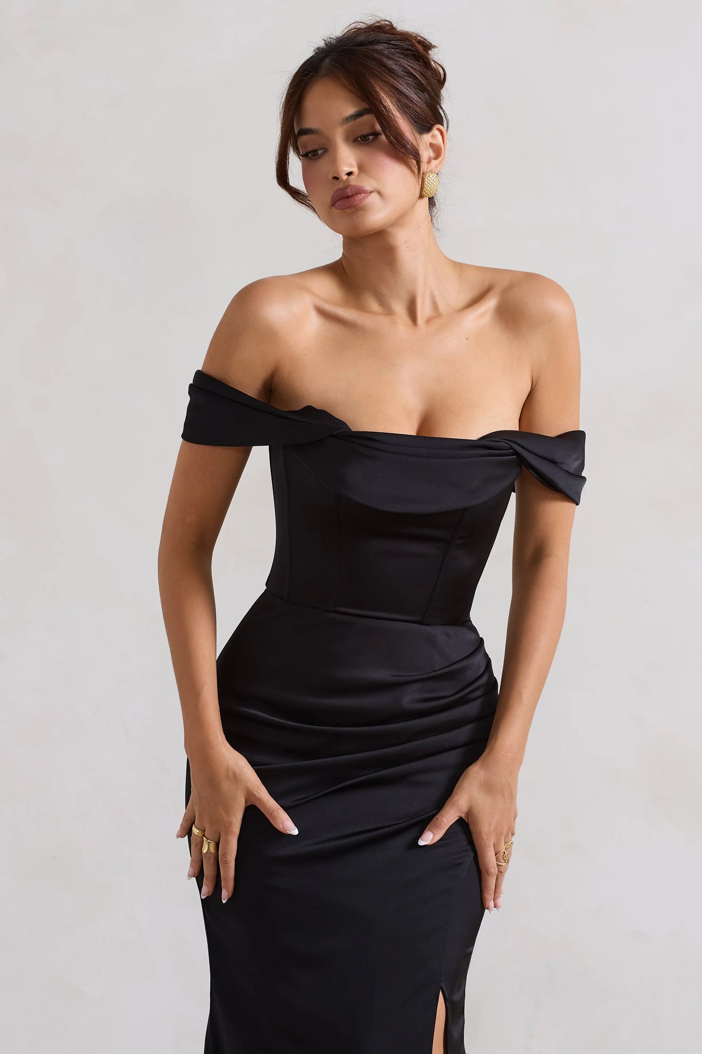 Kimberly | Black Bardot  Satin Maxi Dress