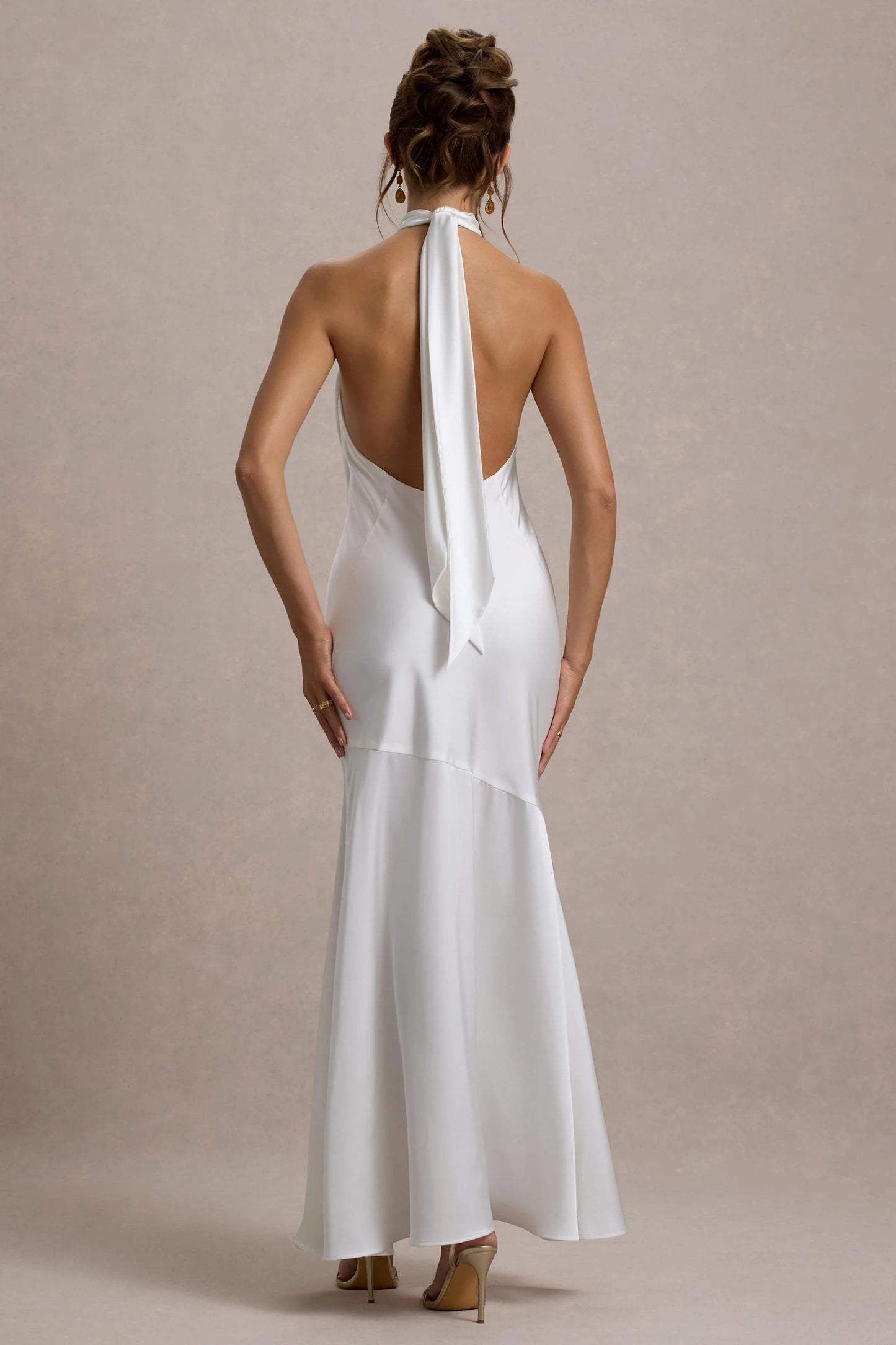 Knox | White Satin Knot Halter-Neck Maxi Dress