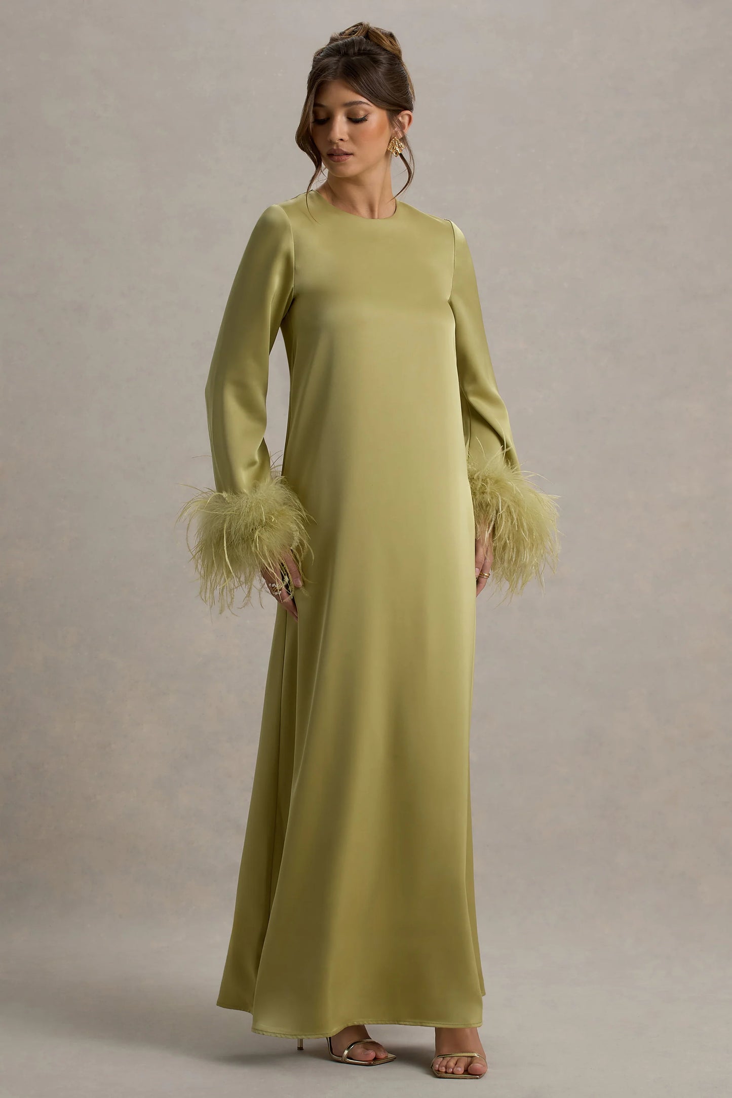 Adella | Light Green Satin Feather-Trim Maxi Dress