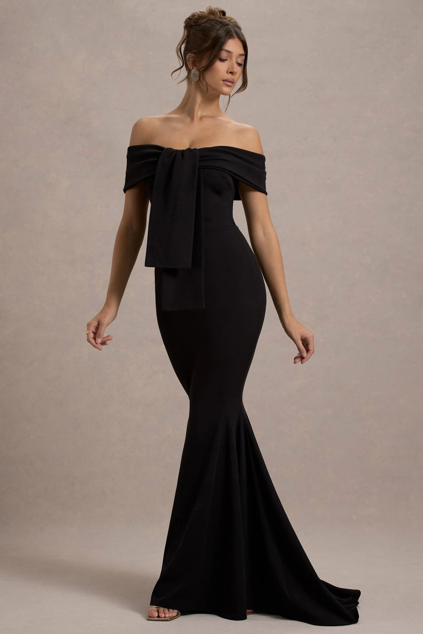 Lantana | Black Bardot Fishtail Maxi Dress With Drape