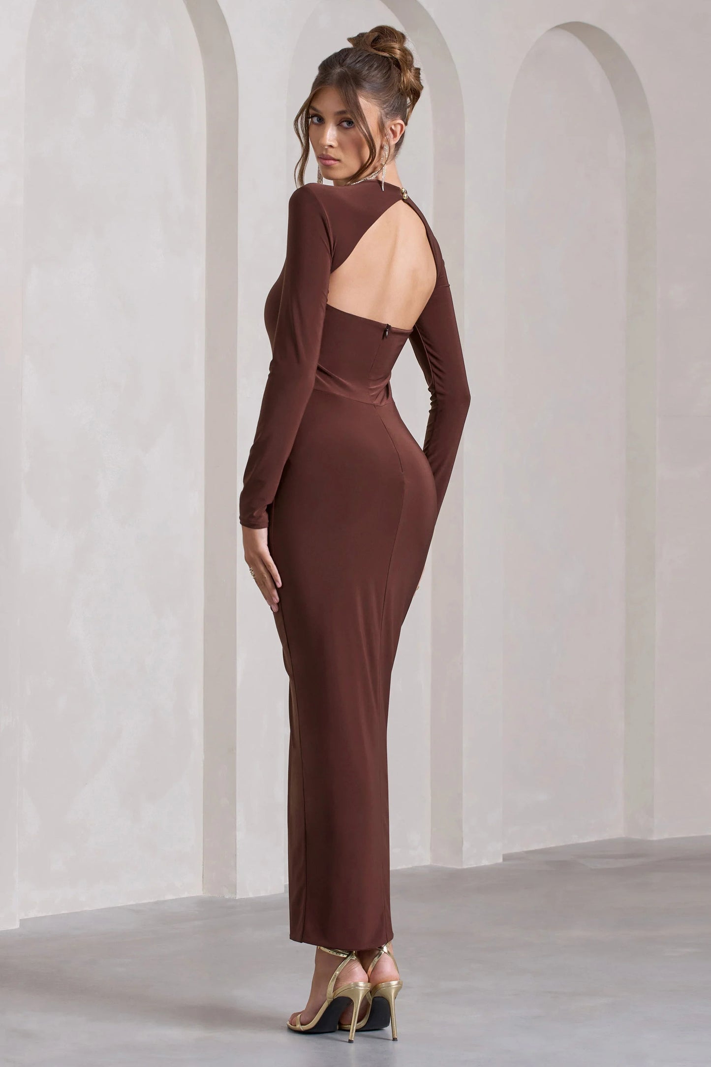 Katy | Chocolate Ruched Long-Sleeve Split Maxi Dress