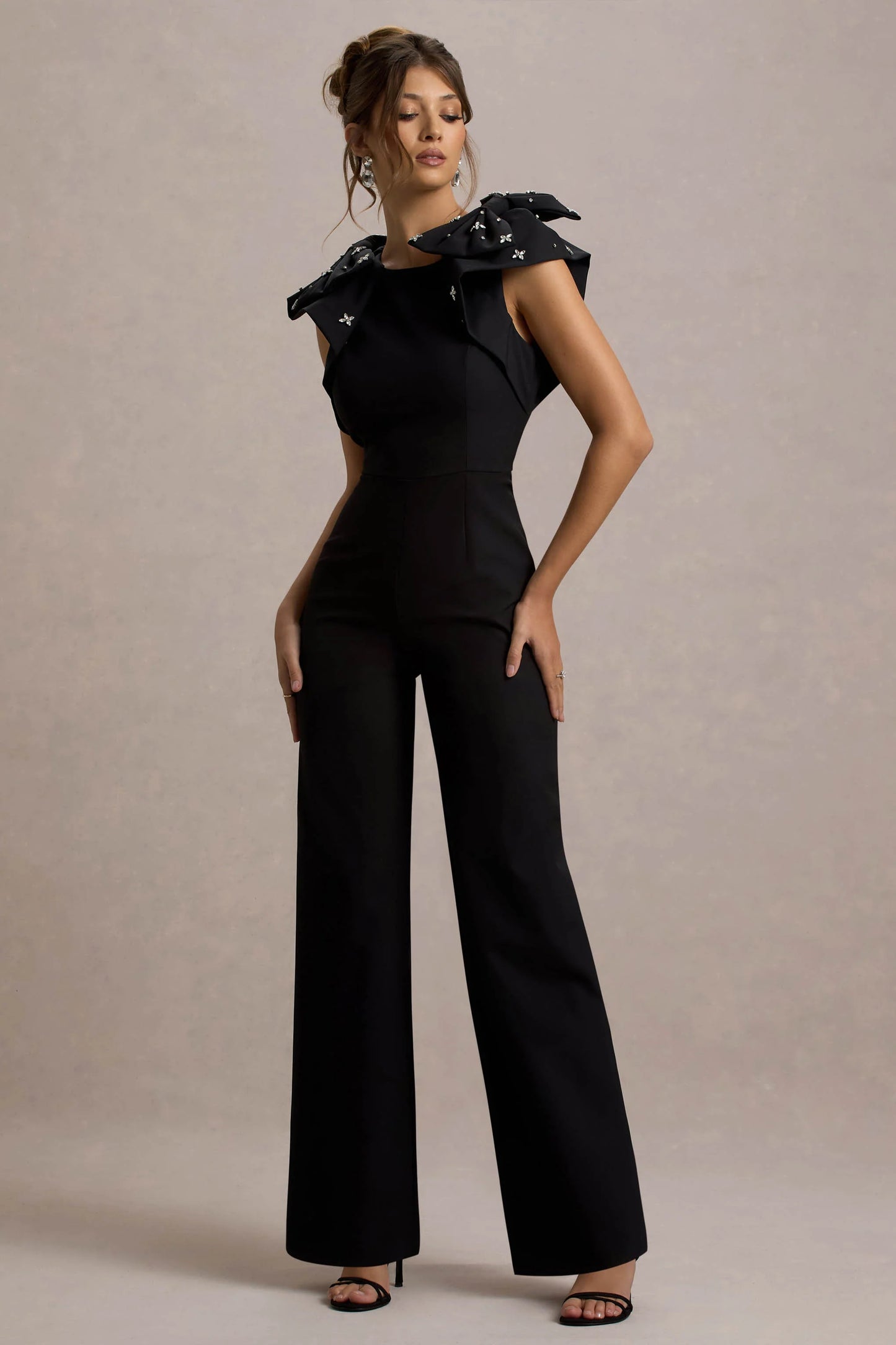 Elma | Black Straight-Leg Jumpsuit With Embellished Bows