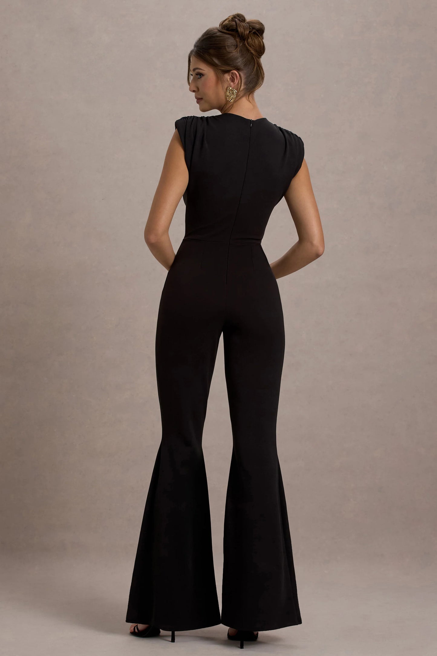 Elyna | Black High-Neck Draped Flared-Leg Jumpsuit