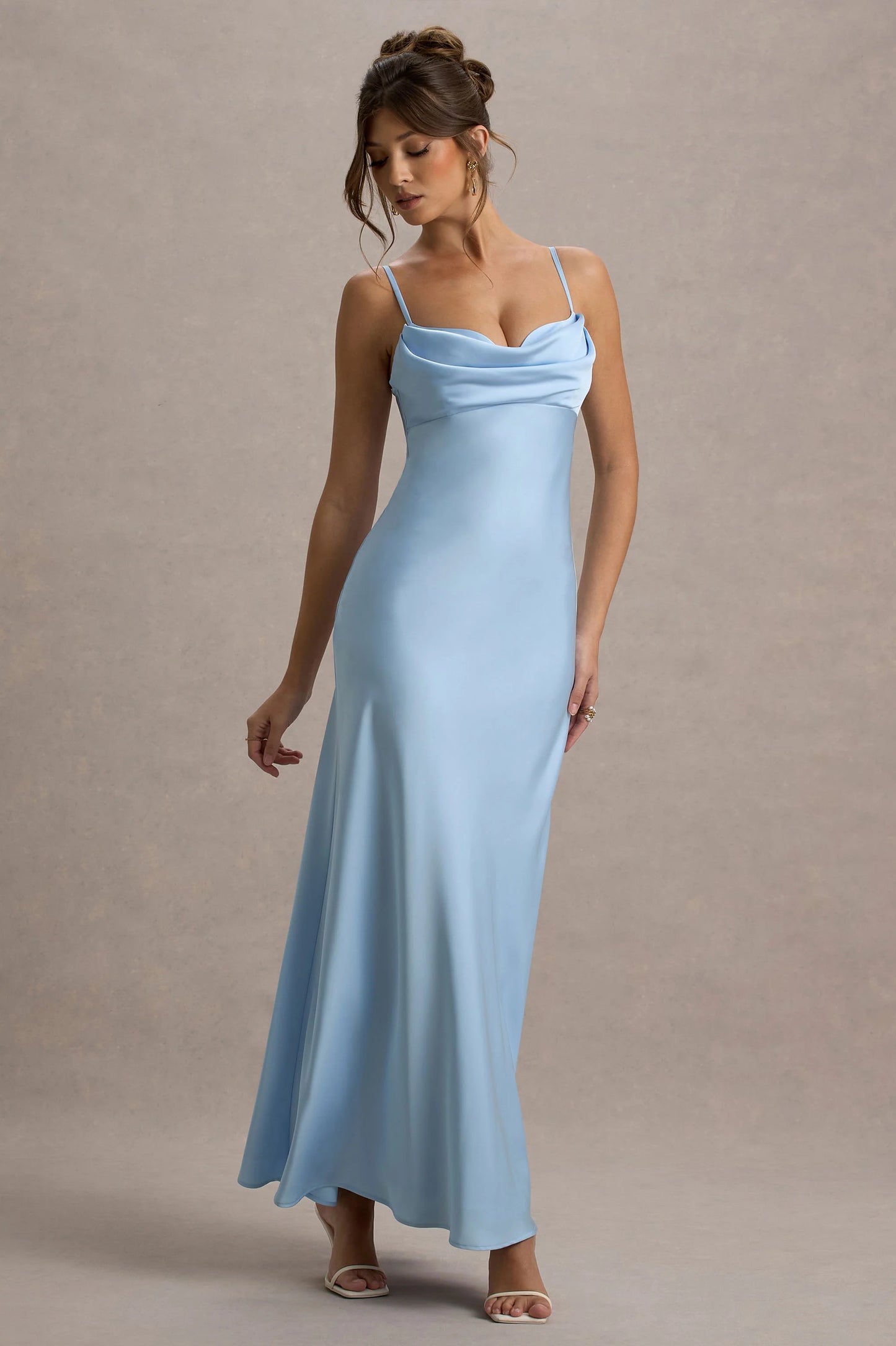 Eimear | Powder Blue Satin Draped Sweetheart Maxi Dress