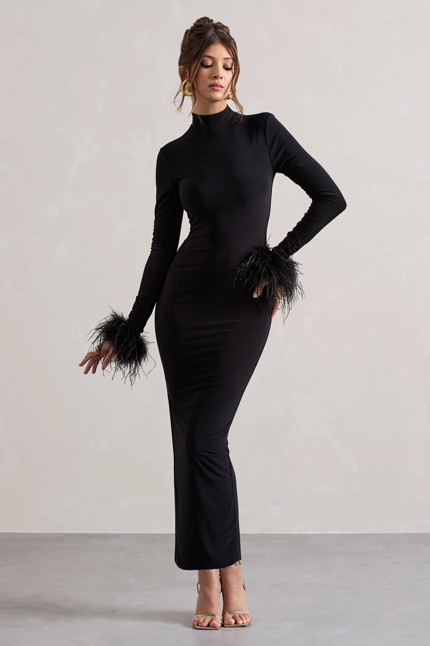 Khalia | Black High-Neck Feather-Cuff Maxi Dress