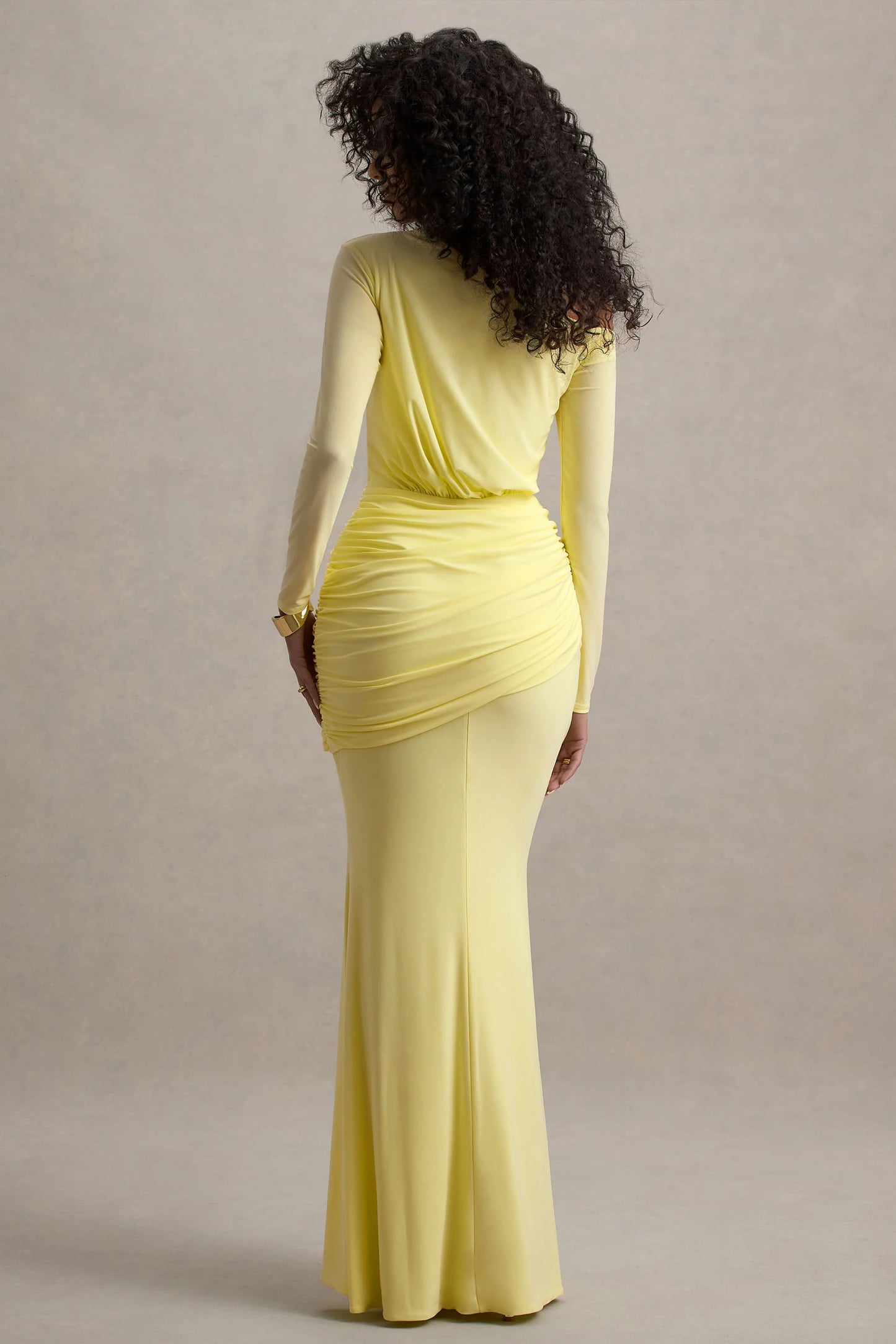 Deanna | Lemon Asymmetric Long-Sleeve Ruched Maxi Dress