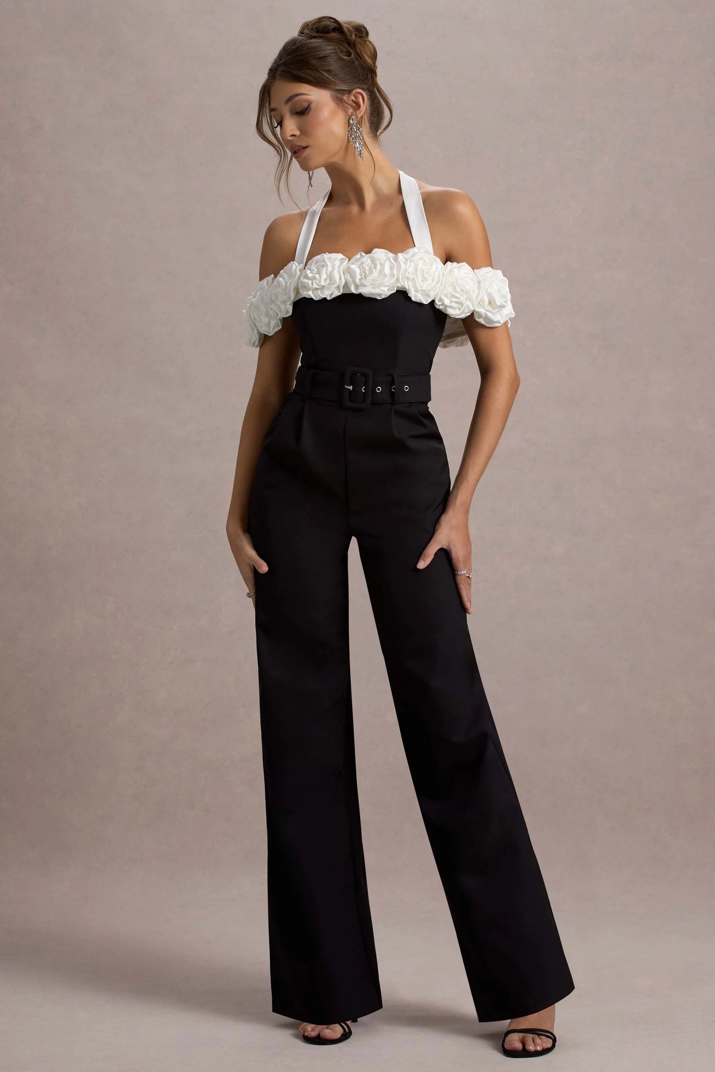 Genny | Black Tailored Wide-Leg Jumpsuit With Flowers