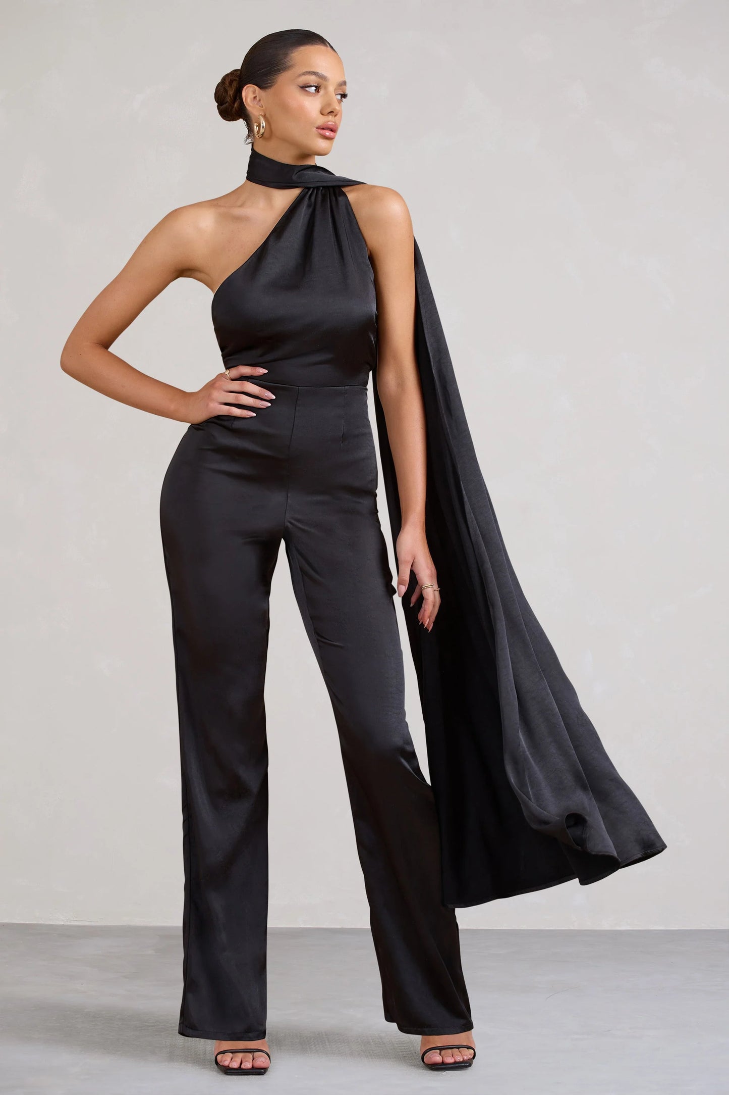 Cascada | Black Satin Wide Leg Jumpsuit With Statement Scarf Neck