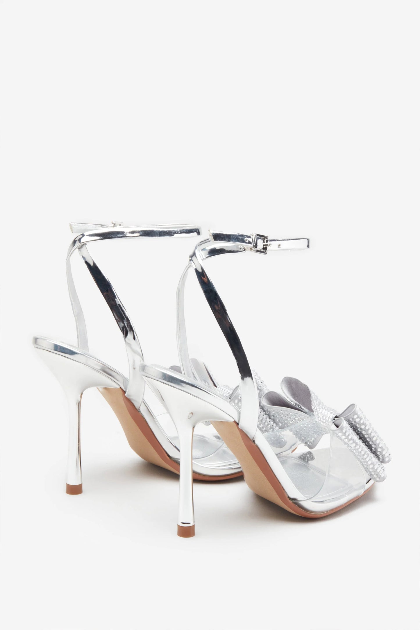 Bowing | Silver Metallic Heeled Sandals With Diamante Bows