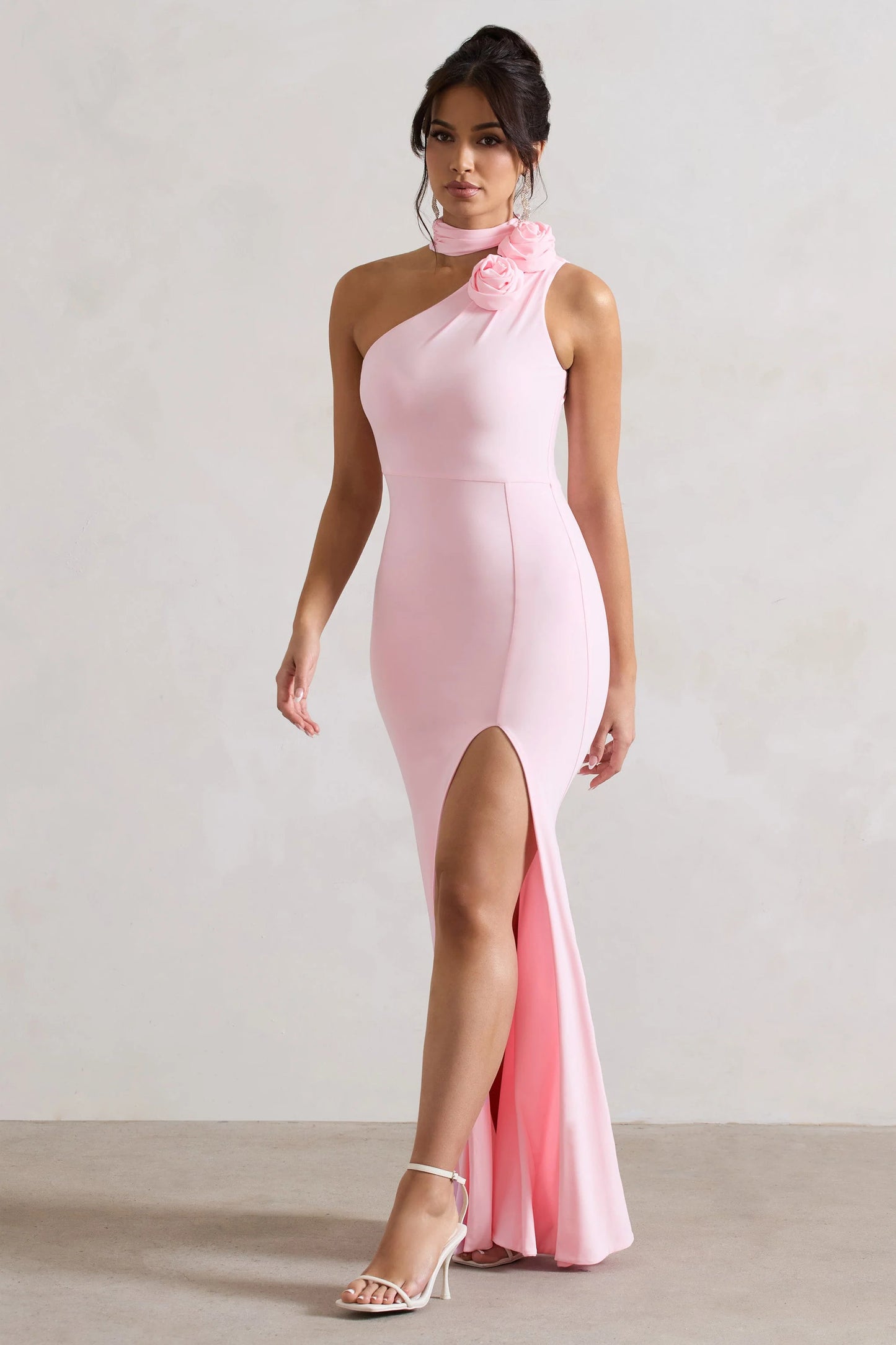 In Suspense | Pink One Shoulder Halter-Neck Split Maxi Dress With Flower