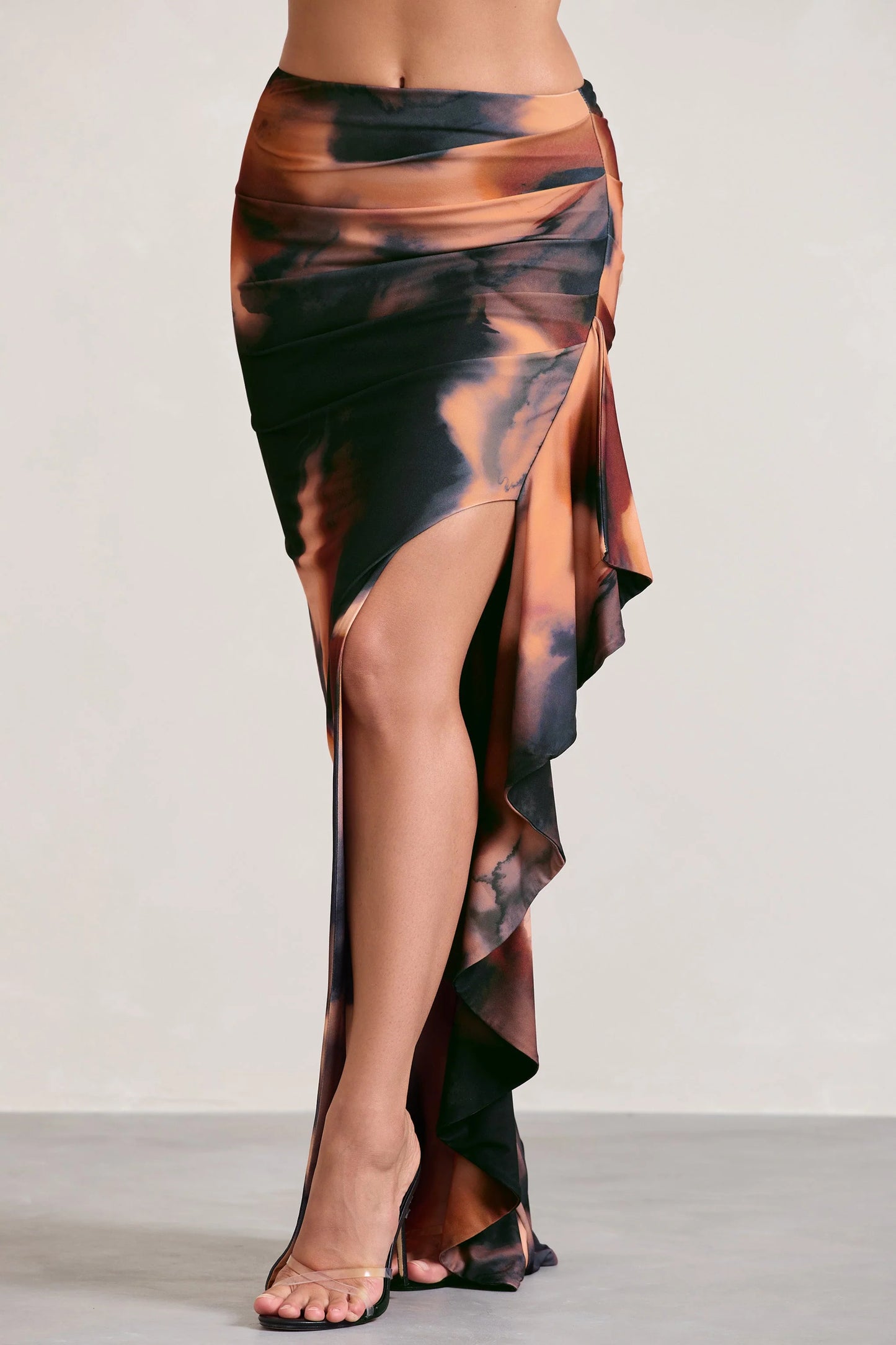 La Belle | Orange Smoke Print Ruffle Maxi Skirt With Thigh Split