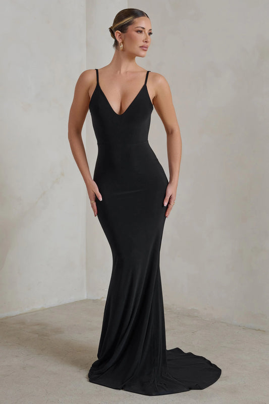 Endless Love | Black Backless Knot Detail Fishtail Maxi Dress