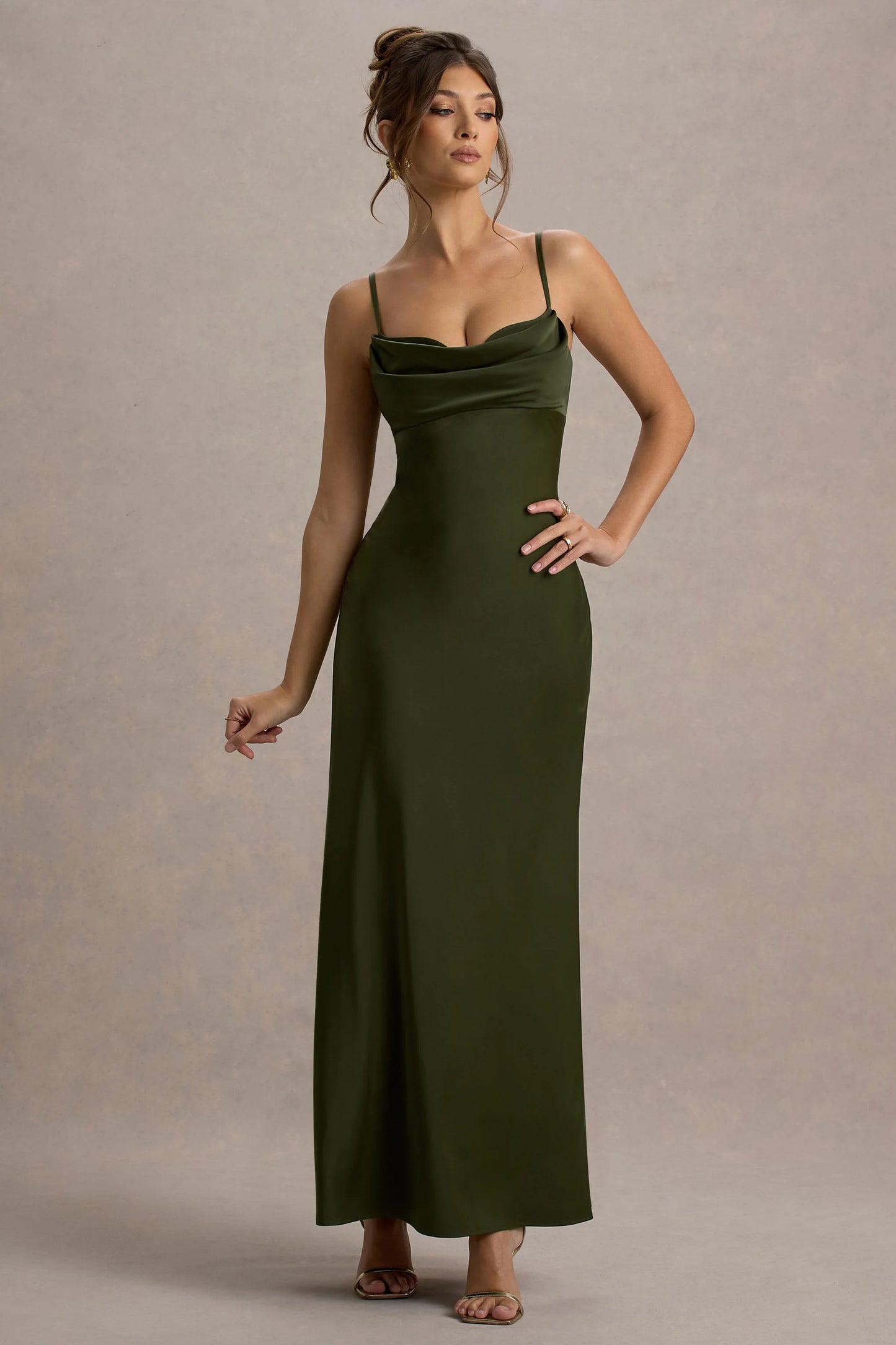 Eimear | Olive Green Satin Draped Sweetheart Maxi Dress