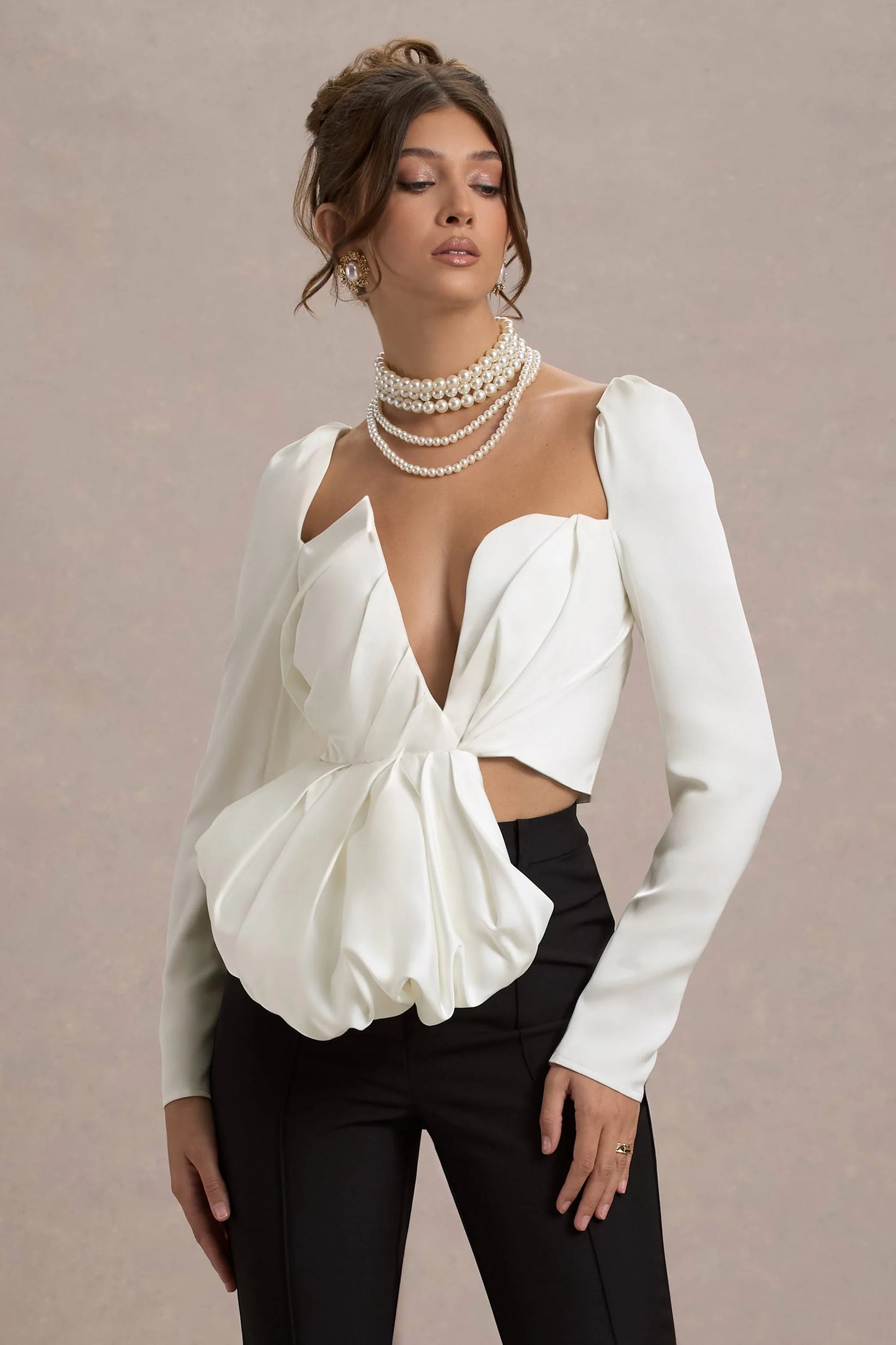 Bensley | Ecru Satin Asymmetric Plunge-Neck Top With Ruffle