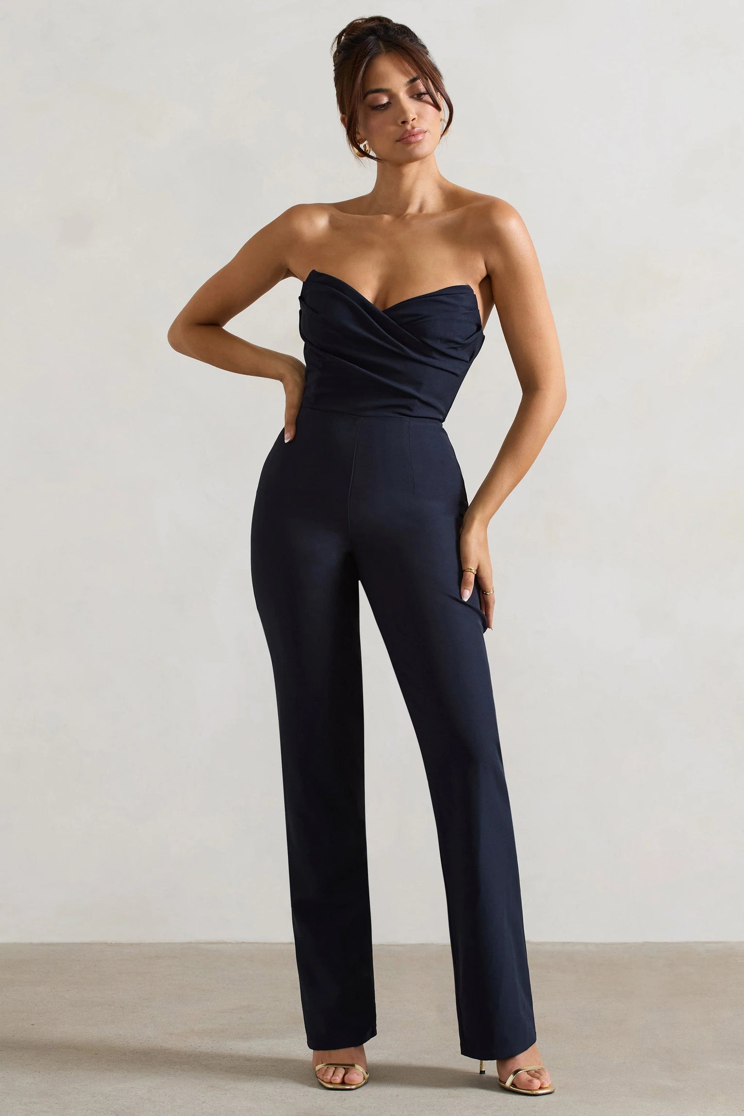 Bellezza | Navy Bandeau Corset Wide Leg Jumpsuit