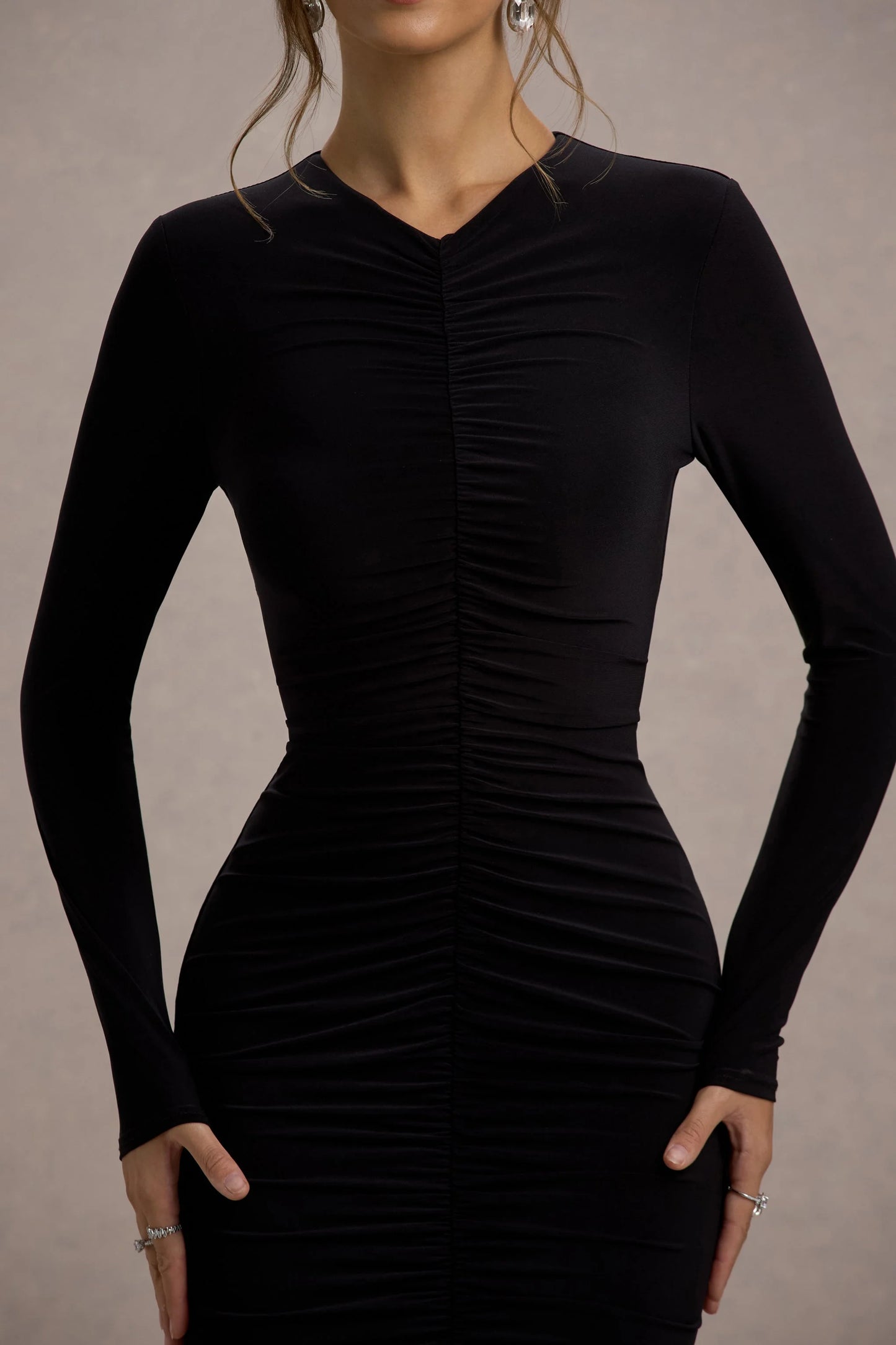 Kalilah | Black Long-Sleeve Ruched  Maxi Dress