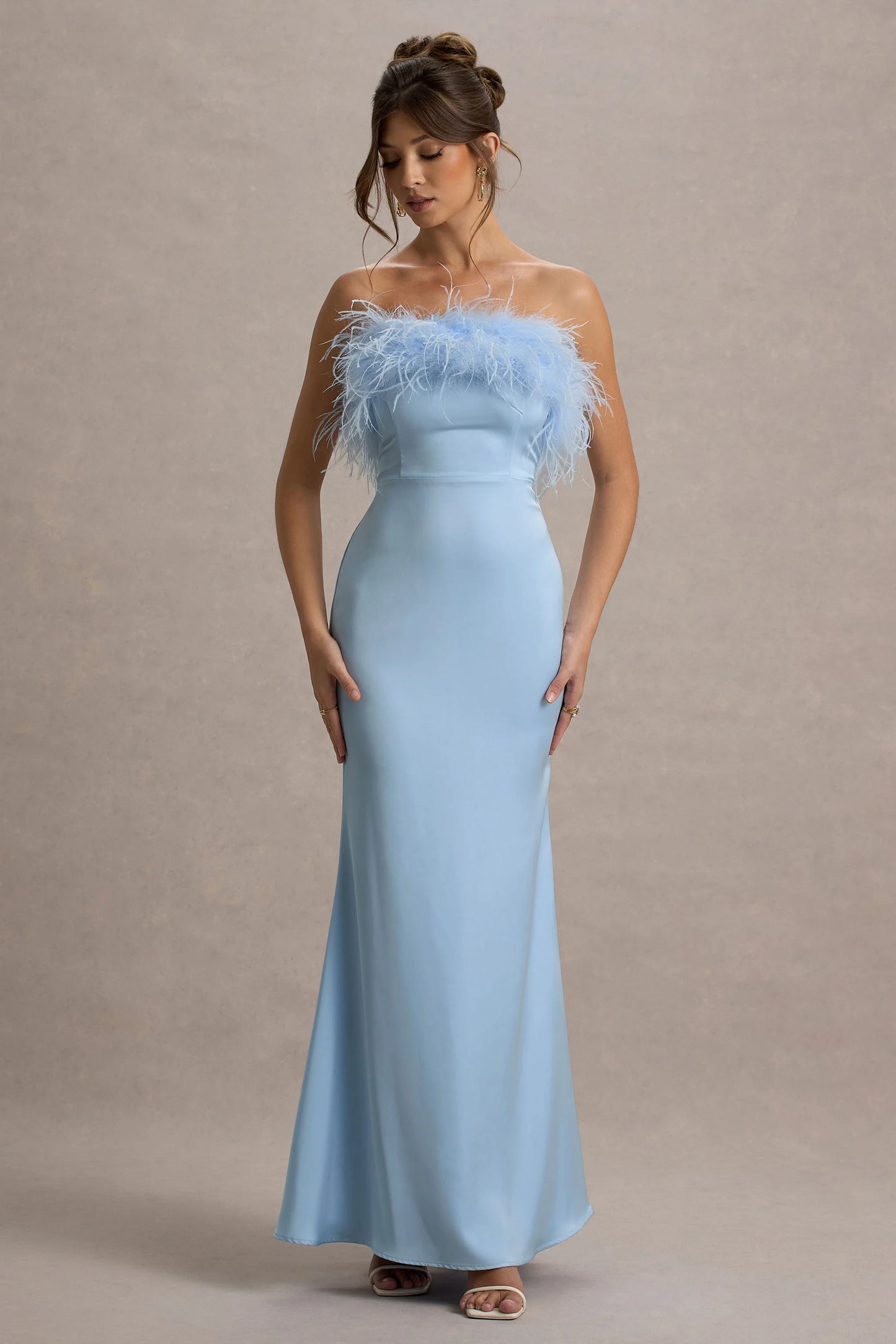 Dress For It | Powder Blue Satin Feather Trim Bandeau Maxi Dress