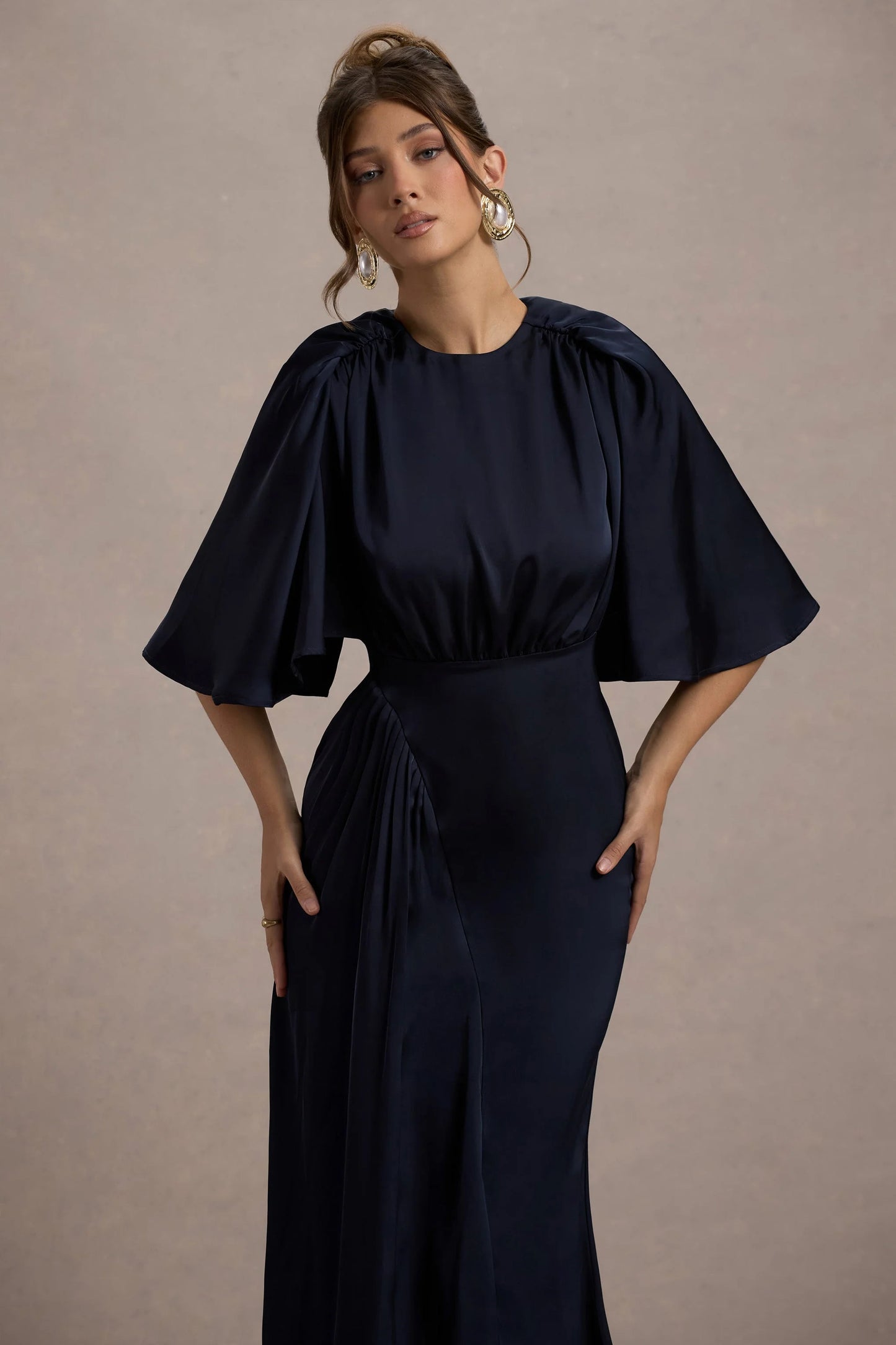 Cinder | Navy Satin Gathered Maxi Dress