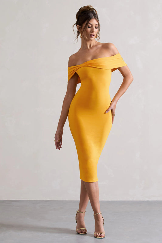 Keely | Mango Bodycon Twisted Bardot Midi Dress